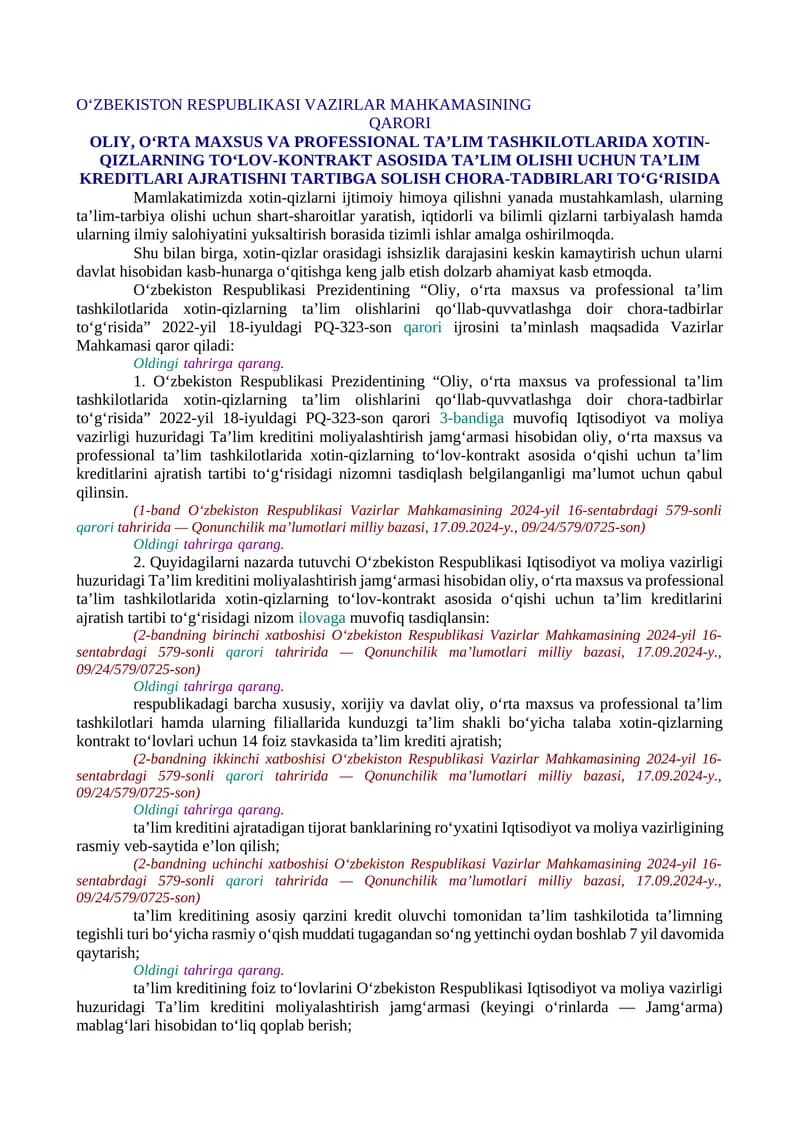 OLIY, O‘RTA MAXSUS VA PROFESSIONAL TA’LIM TASHKILOTLARIDA XOTIN-QIZLARNING TO‘LOV-KONTRAKT ASOSIDA TA’LIM OLISHI UCHUN TA’LIM KREDITLARI AJRATISHNI TARTIBGA SOLISH CHORA-TADBIRLARI TO‘G‘RISIDA