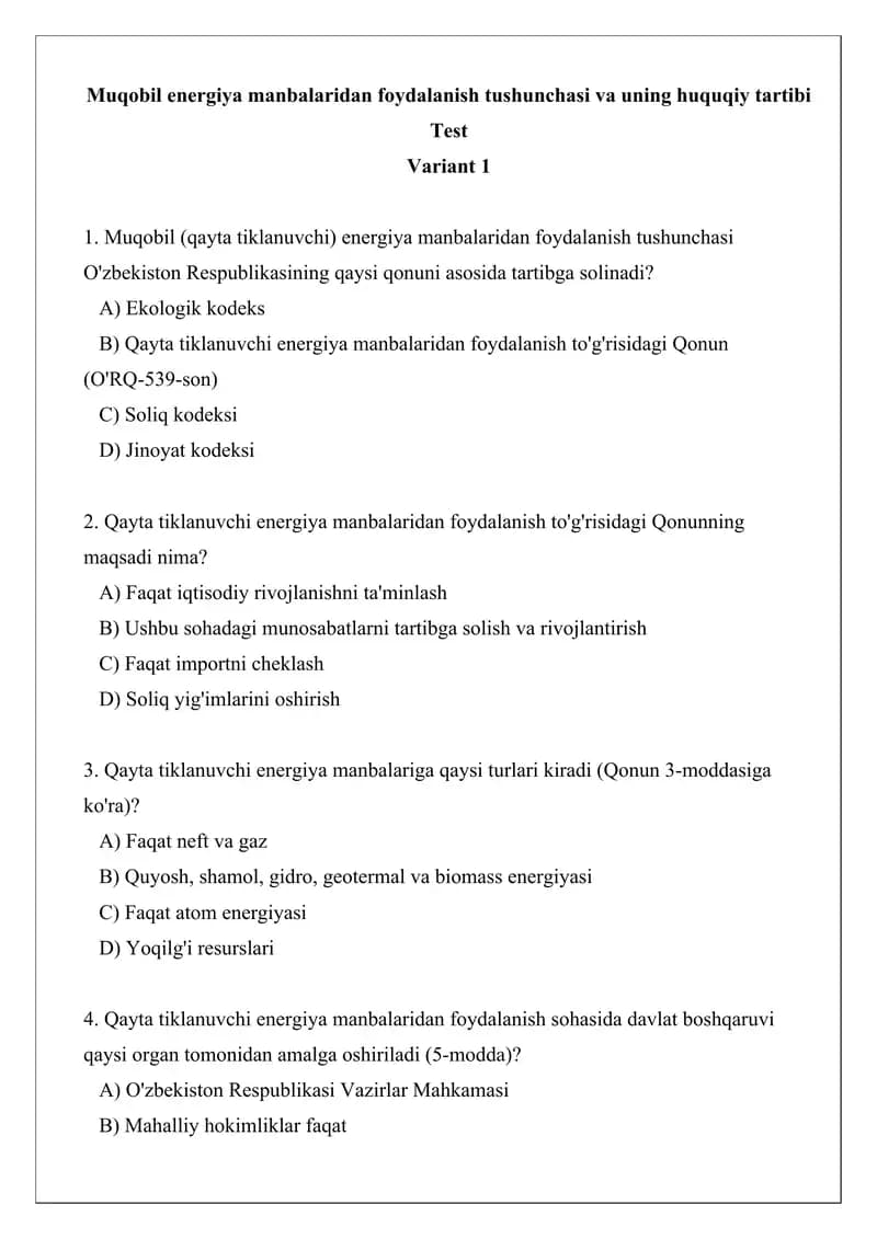 Qayta tiklanuvchi energiya manbalaridan foydalanish tushunchasi va uning huquqiy tartibi