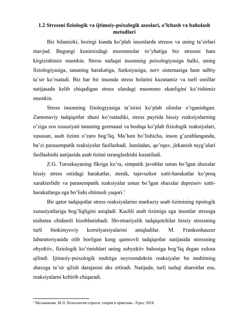 Stressni fiziologik va ijtimoiy-psixologik asoslari, o’lchash va baholash metodlari