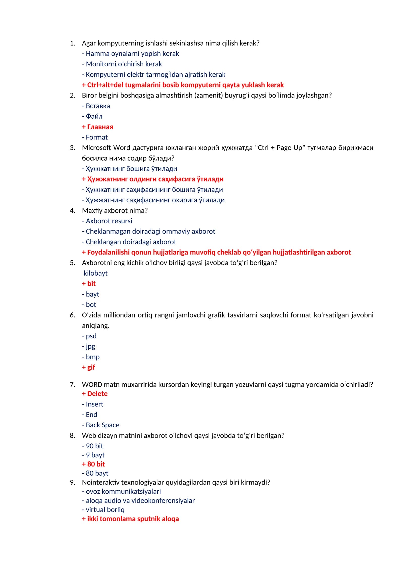 Axborot kommunikatsiya fanidan test savollari to'g'ri javobi bilan