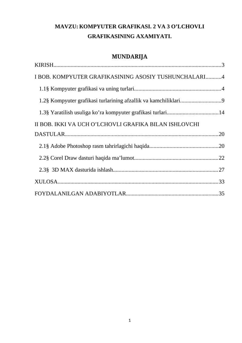 КOMPYUTER GRAFIKASI. 2 VA 3 O’LCHOVLI GRAFIKASINING AXAMIYATI