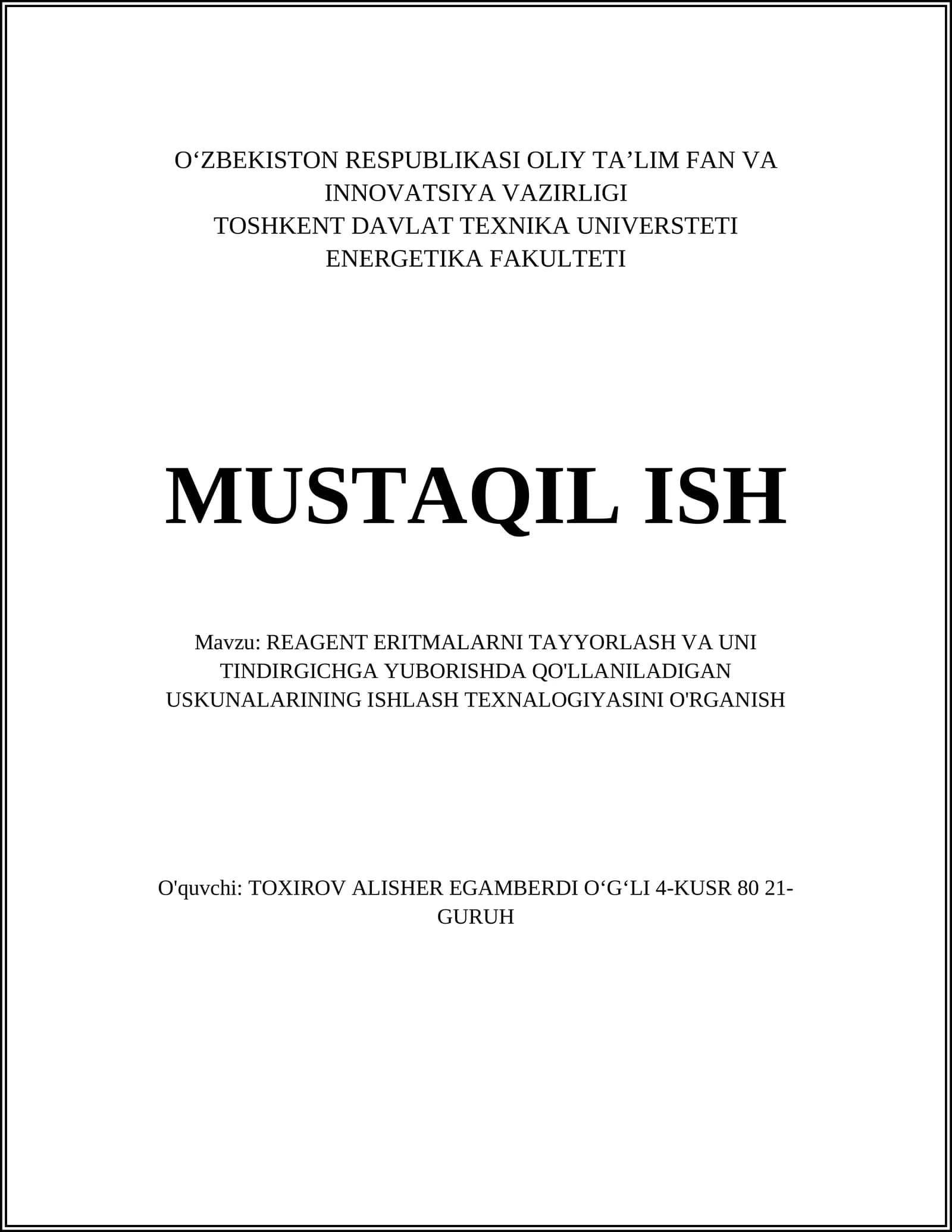 REAGENT ERITMALARNI TAYYORLASH VA UNI TINDIRGICHGA YUBORISHDA QO'LLANILADIGAN USKUNALARINING ISHLASH TEXNALOGIYASINI O'RGANISH