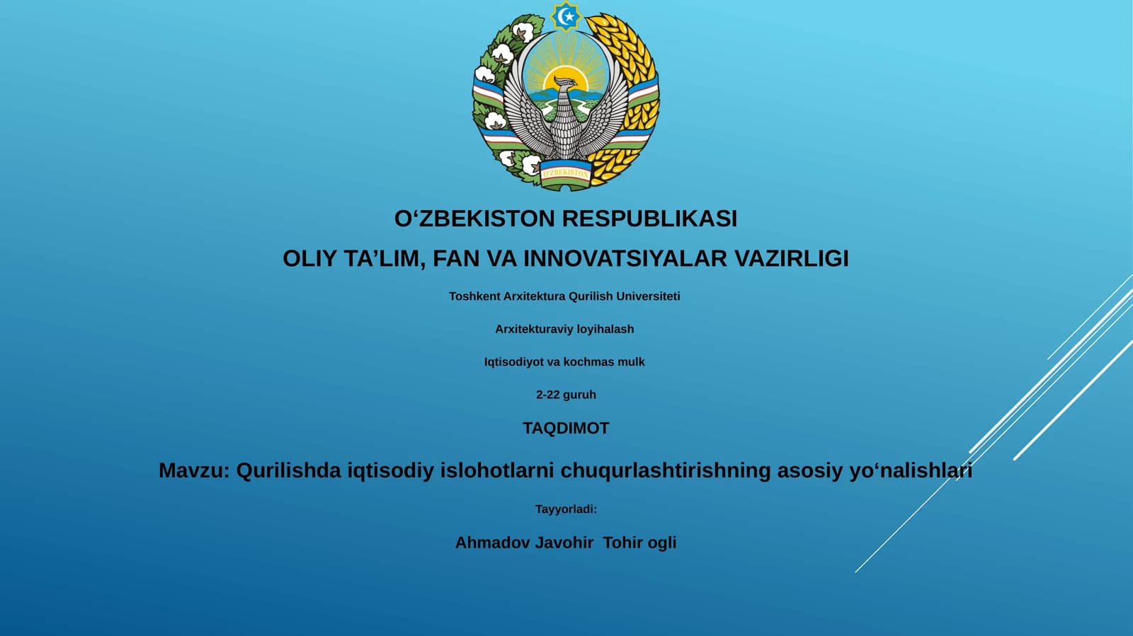 Qurilishda iqtisodiy islohotlarni chuqurlashtirishning asosiy yo‘nalishlari
