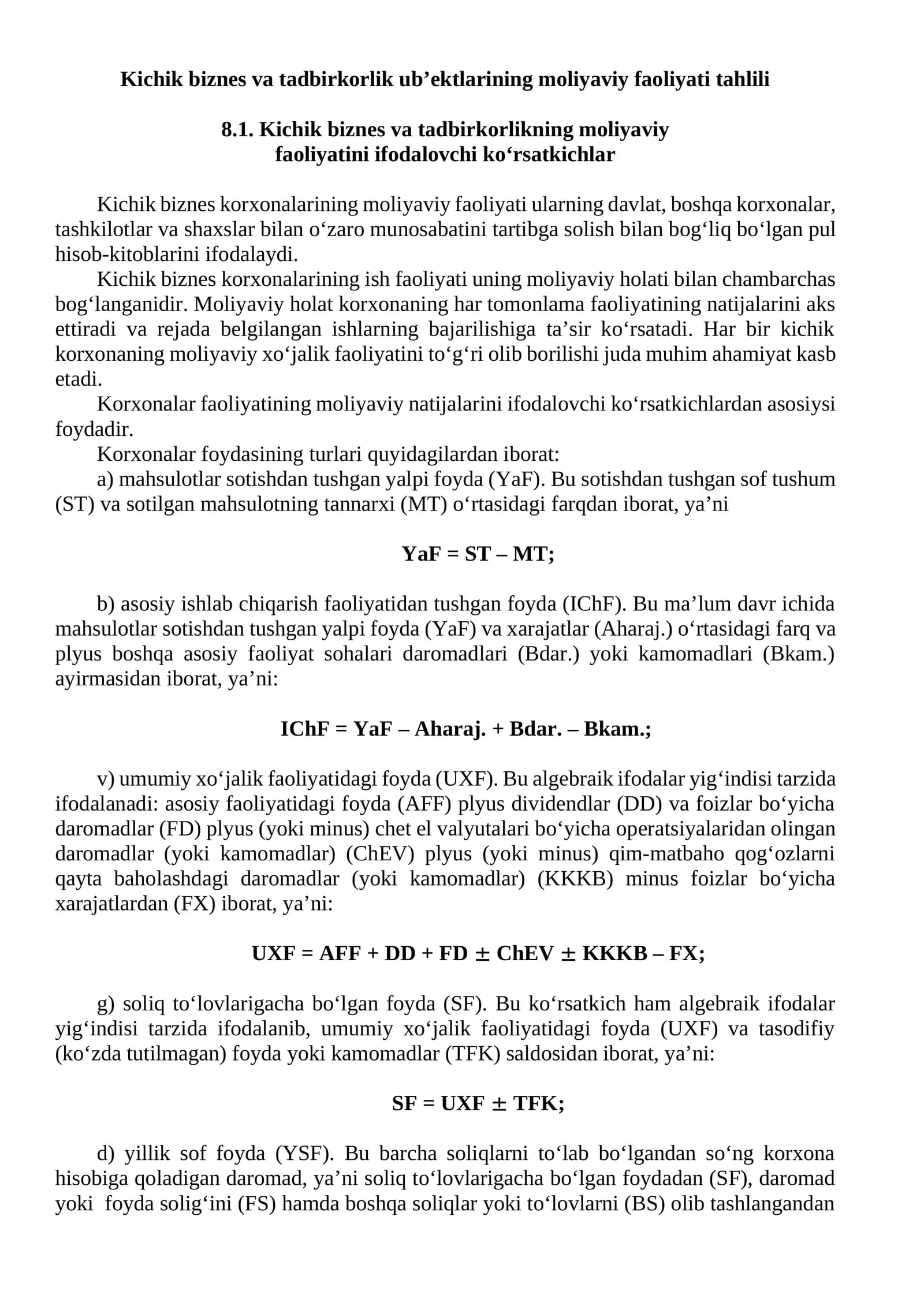 Kichik biznes va tadbirkorlik sub’ektlarining moliyaviy faoliyati tahlili