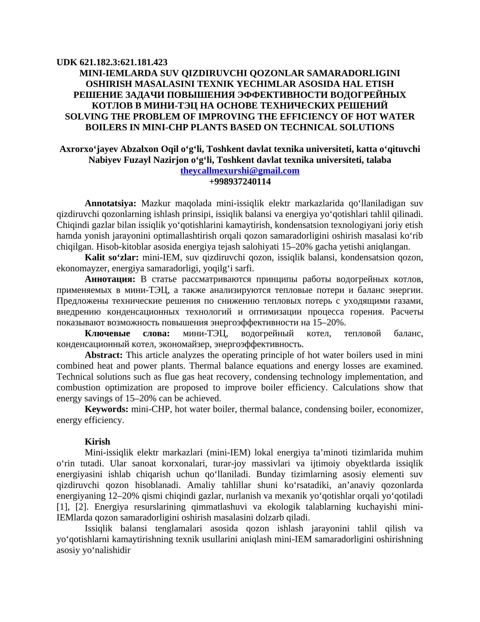 MINI-IEMLARDA SUV QIZDIRUVCHI QOZONLAR SAMARADORLIGINI OSHIRISH MASALASINI TEXNIK YECHIMLAR ASOSIDA HAL ETISH