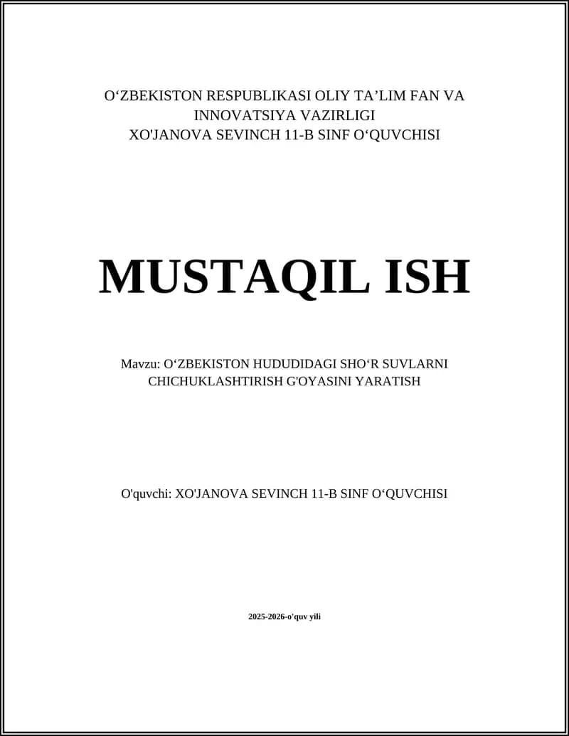 OʻZBEKISTON HUDUDIDAGI SHOʻR SUVLARNI CHICHUKLASHTIRISH G'OYASI