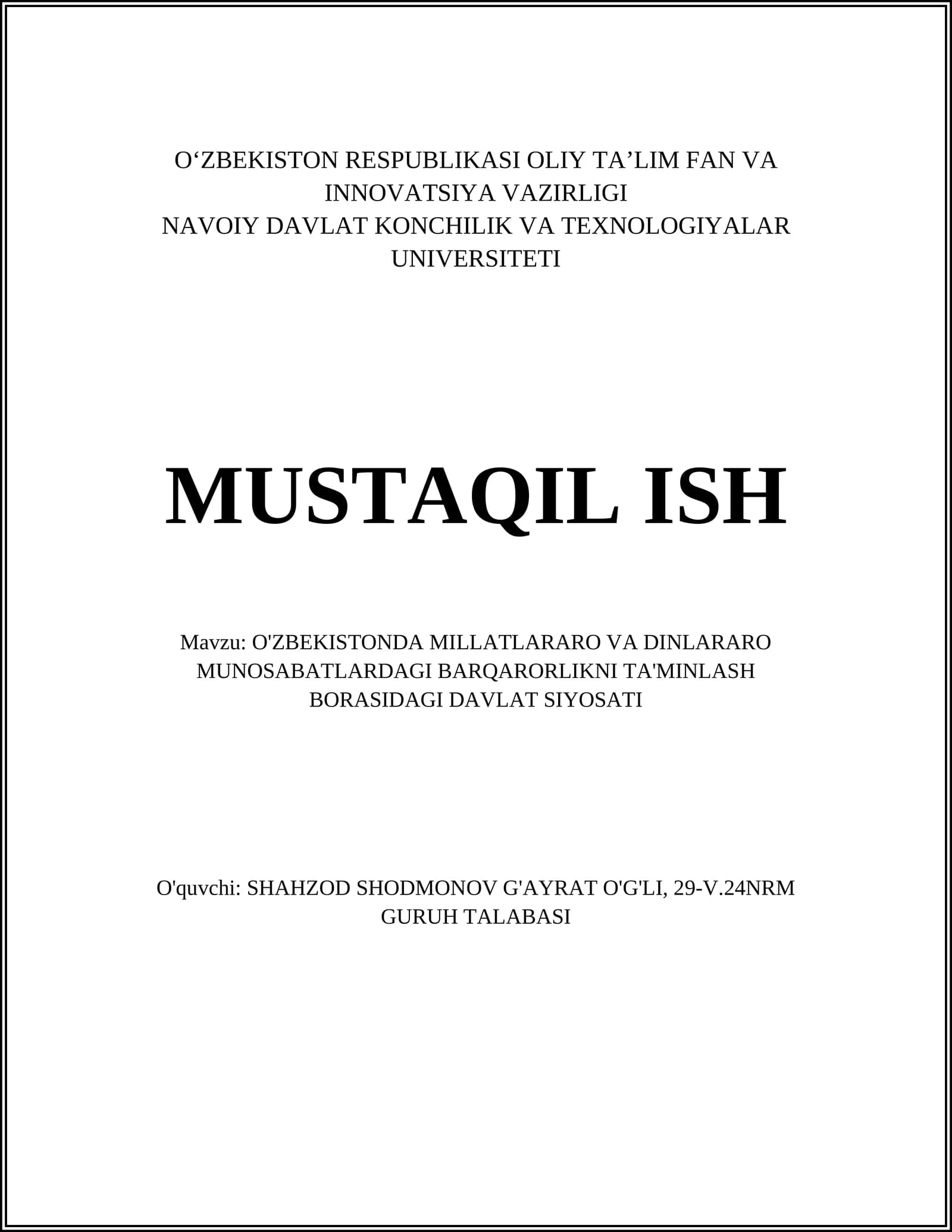 O'ZBEKISTONDA MILLATLARARO VA DINLARARO MUNOSABATLARDAGI BARQARORLIKNI TA'MINLASH BORASIDAGI DAVLAT SIYOSATI