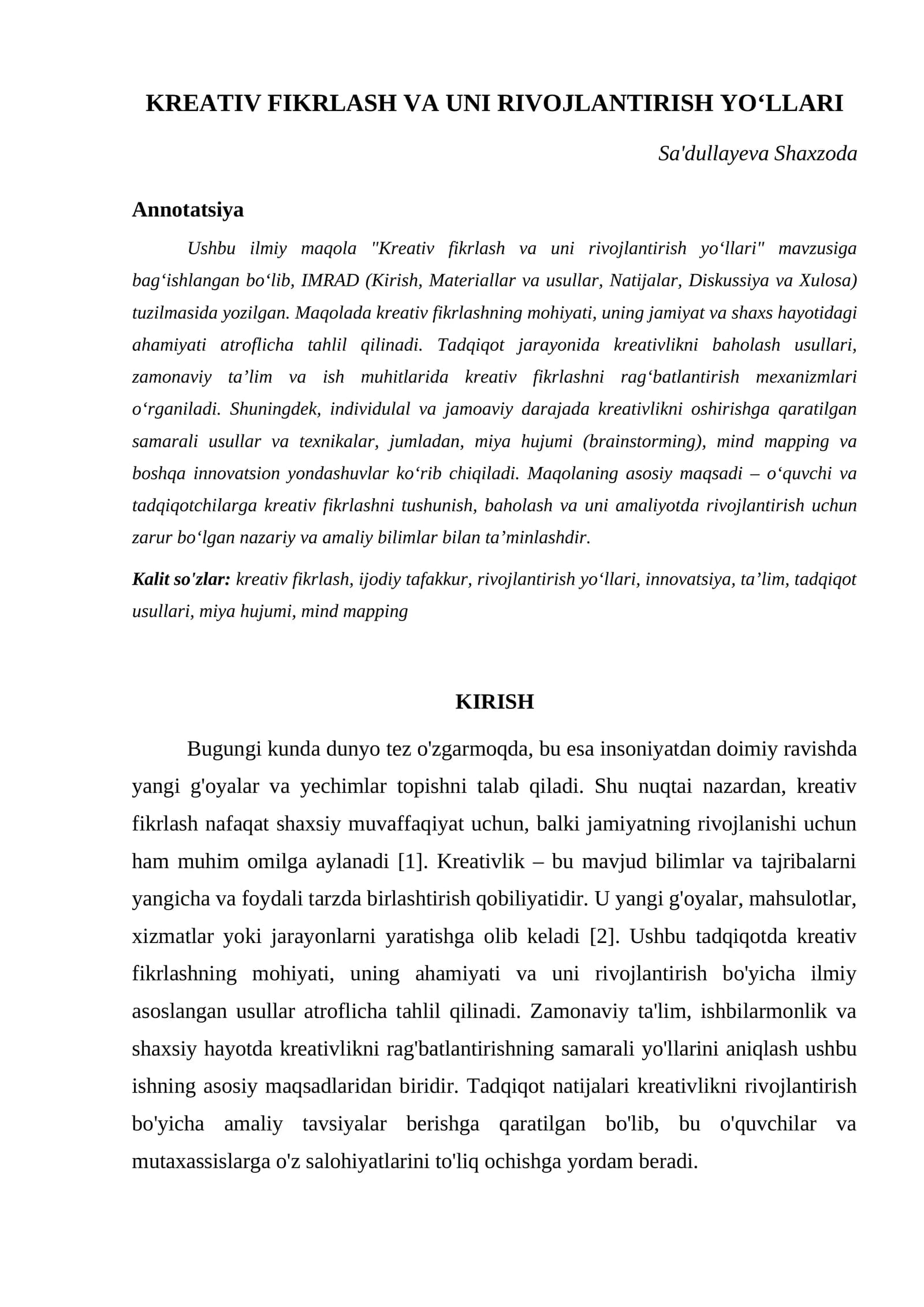 KREATIV FIKRLASH VA UNI RIVOJLANTIRISH YOʻLLARI