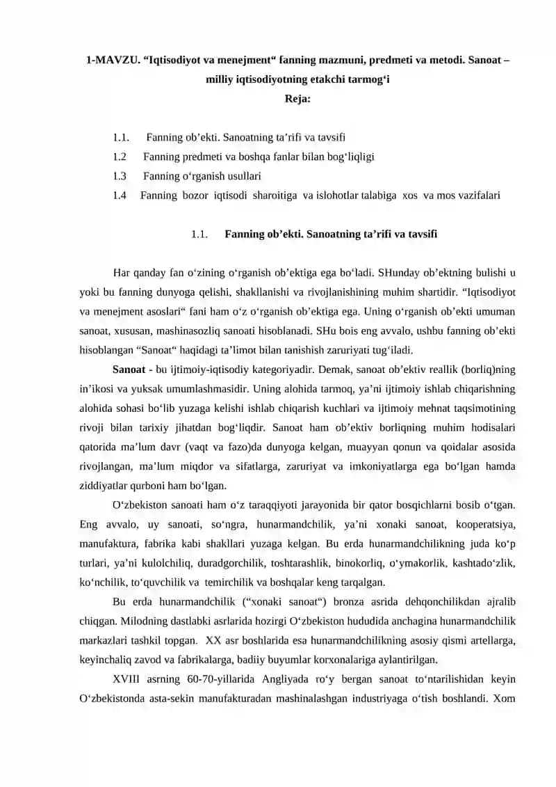 Iqtisodiyot va menejment“ fanning mazmuni, predmeti va metodi. Sanoat – milliy iqtisodiyotning etakchi tarmog‘i