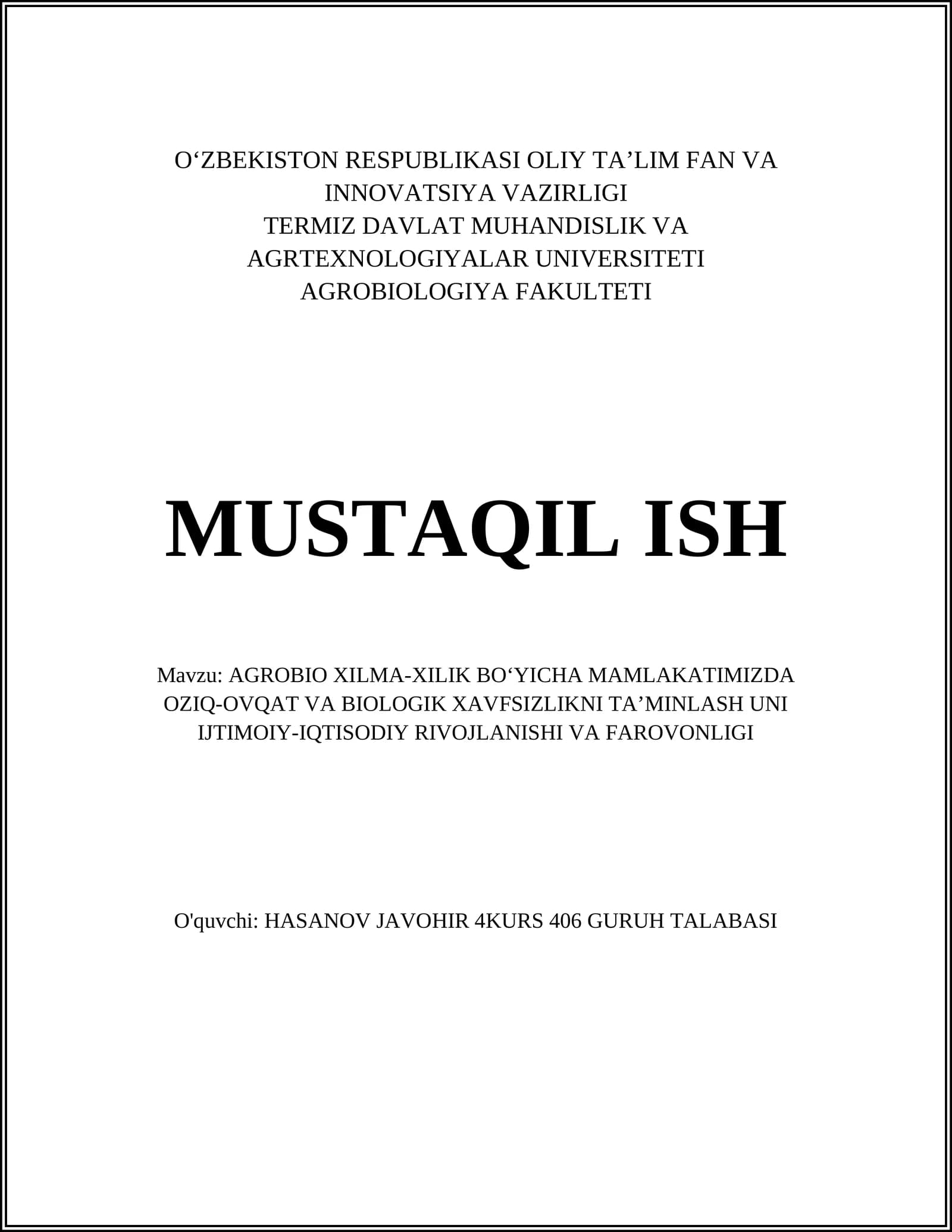 Agrobiologik xilma-xillik va milliy oziq-ovqat xavfsizligi strategiyalari