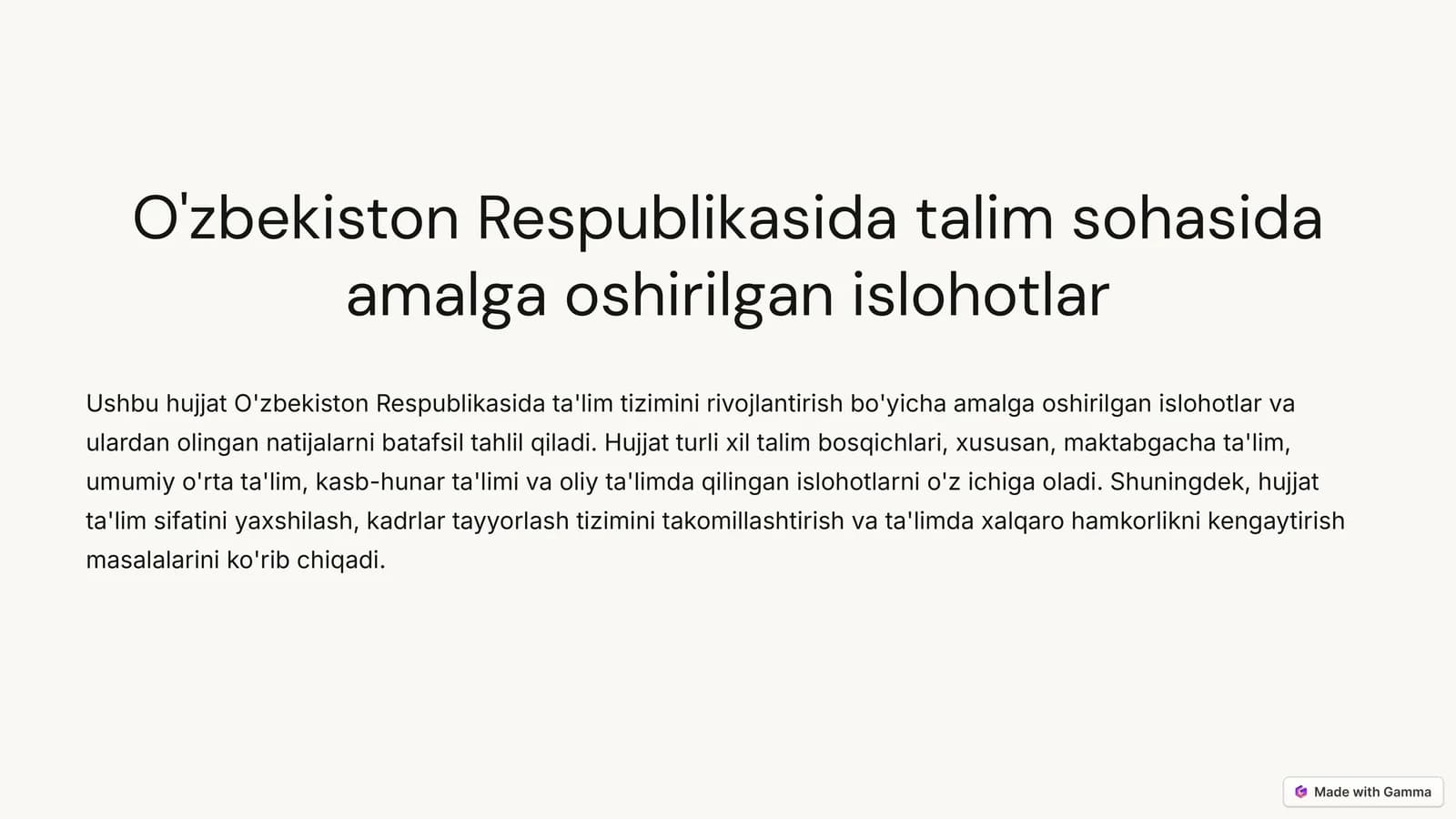 O'zbekiston Respublikasida talim sohasida amalga oshirilgan islohotlar