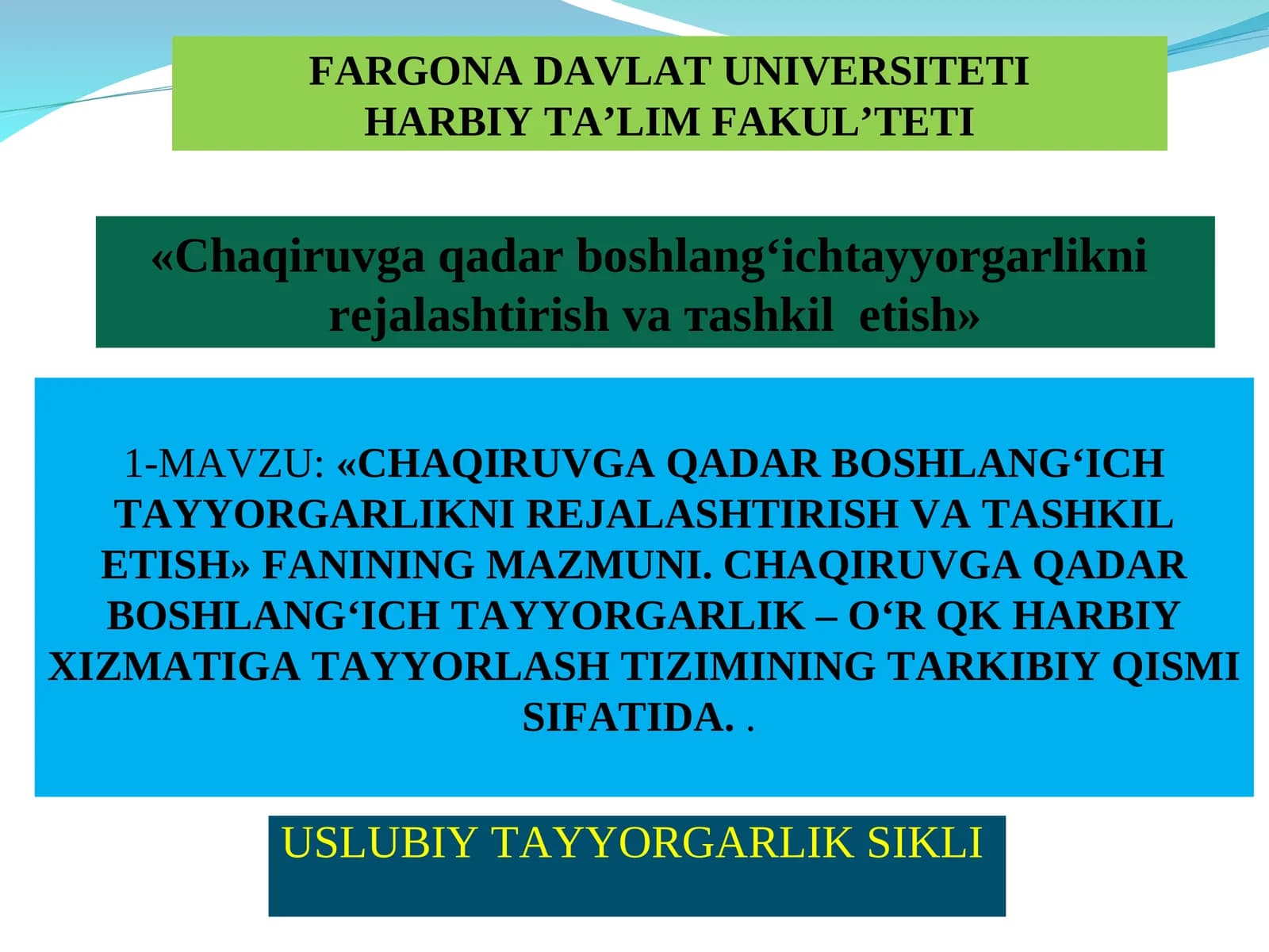 «CHAQIRUVGA QADAR BOSHLANG‘ICH TAYYORGARLIKNI REJALASHTIRISH VA TASHKIL ETISH» FANINING MAZMUNI. CHAQIRUVGA QADAR BOSHLANG‘ICH TAYYORGARLIK – O‘R QK HARBIY XIZMATIGA TAYYORLASH TIZIMINING TARKIBIY QISMI SIFATIDA