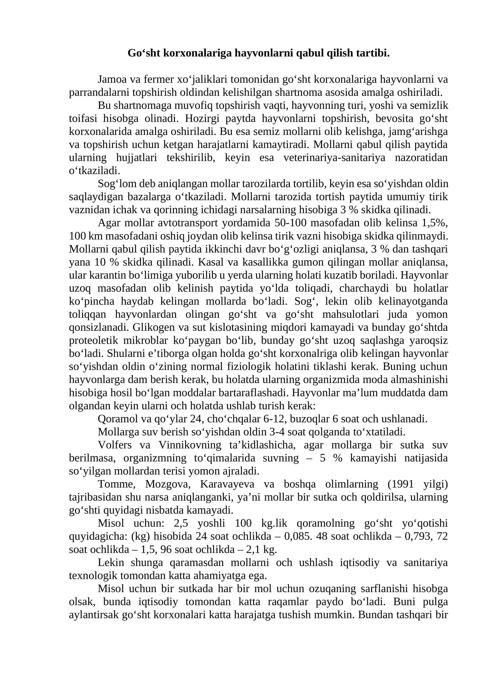 Go‘sht korxonalariga hayvonlarni qabul qilish tartibi