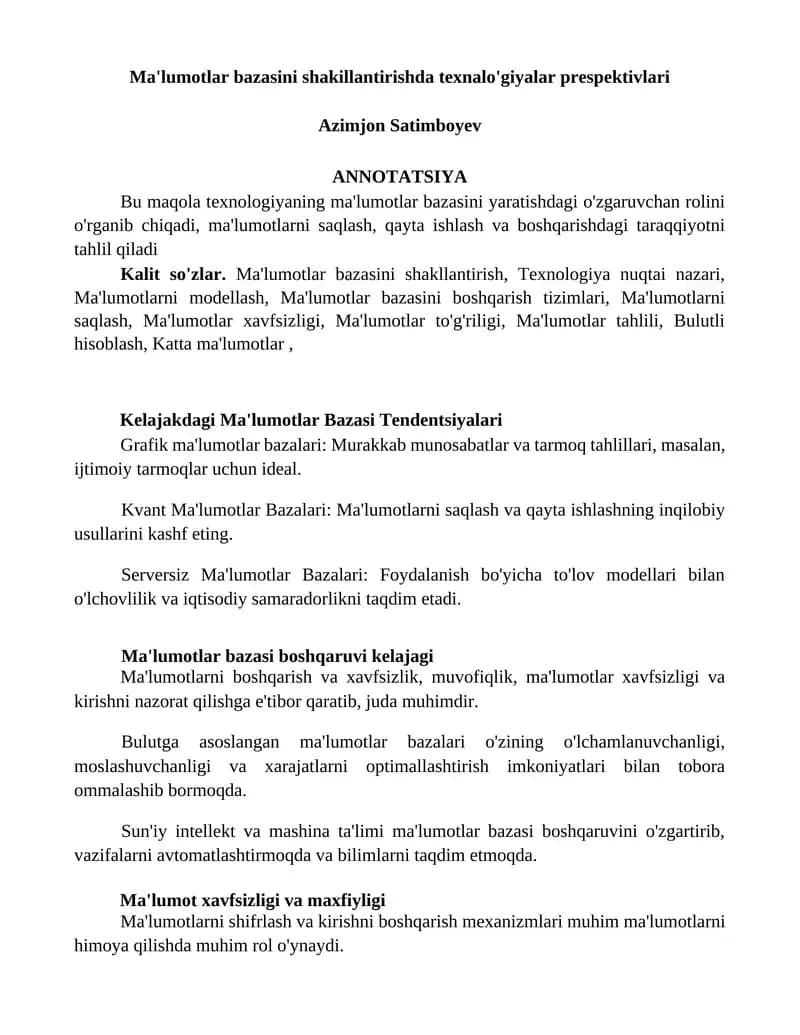 Ma'lumotlar bazasini shakillantirishda texnalo'giyalar prespektivlari