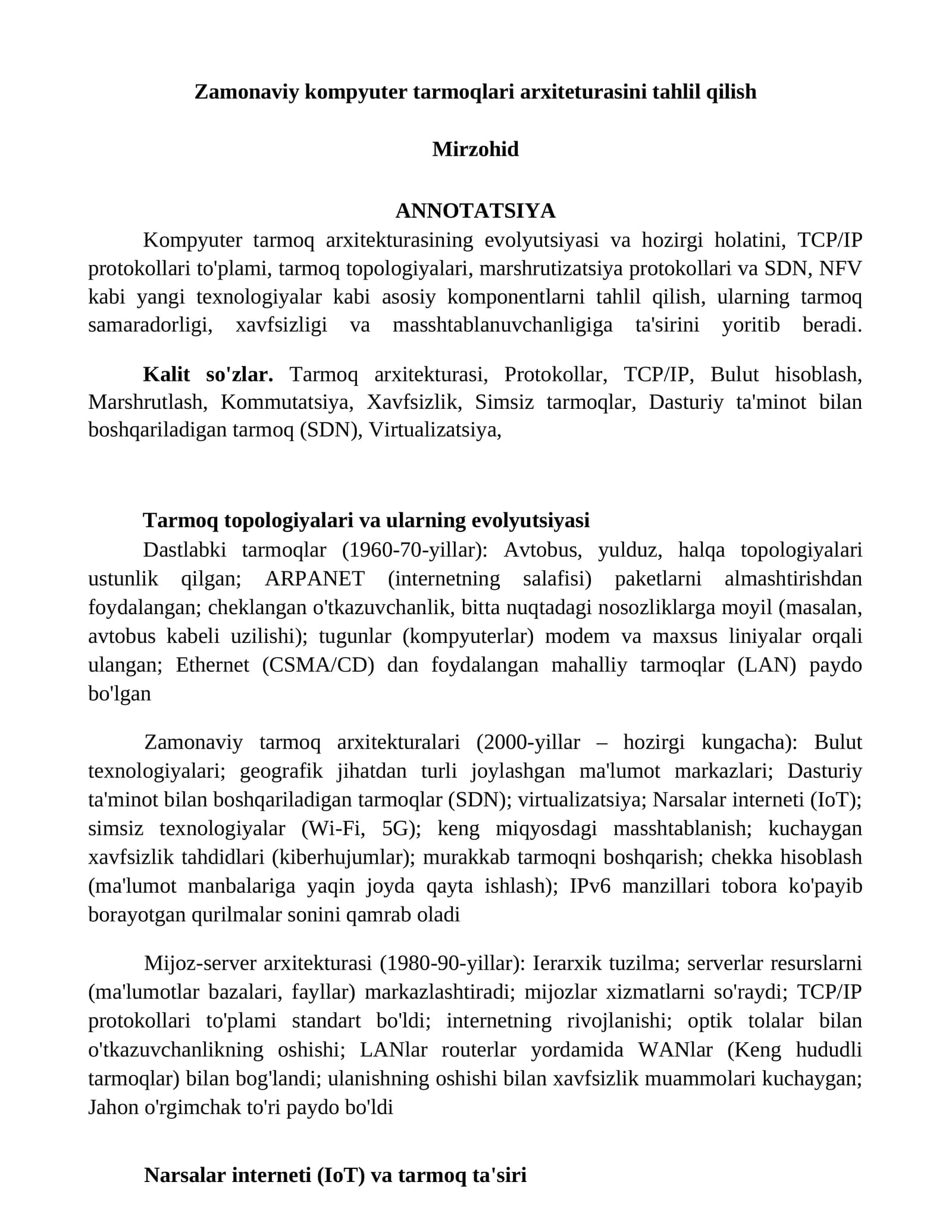 Kompyuter tarmoqlari arxiteturasini tahlil qilish