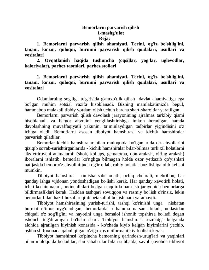 Bemorlarni parvarish qilish