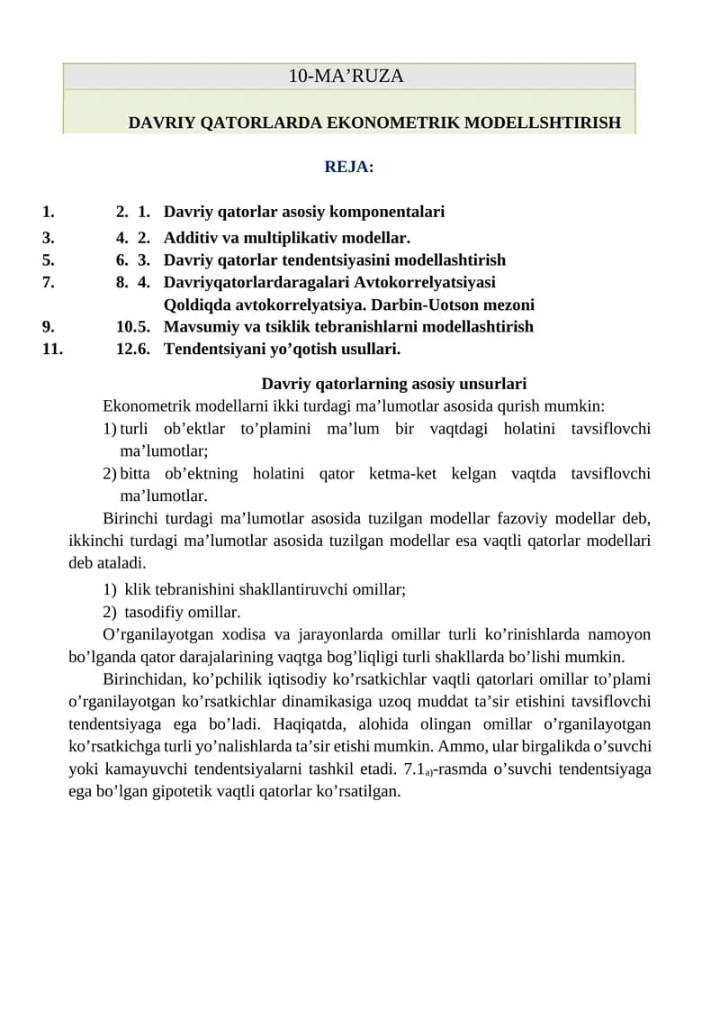 DAVRIY QATORLARDA EKONOMETRIK MODELLSHTIRISH