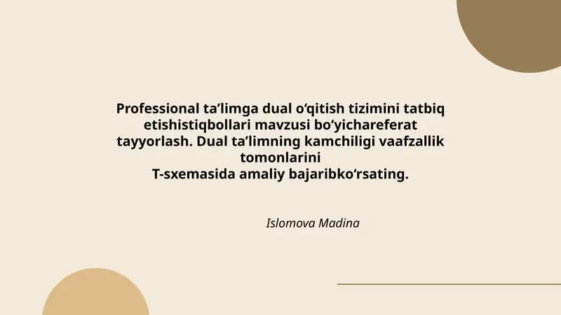 Professional ta’limga dual o‘qitish tizimini tatbiq etishistiqbollari mavzusi