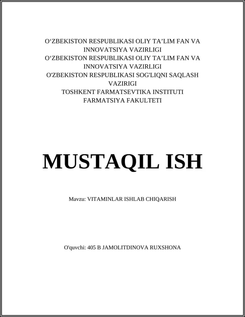 VITAMINLAR ISHLAB CHIQARISH