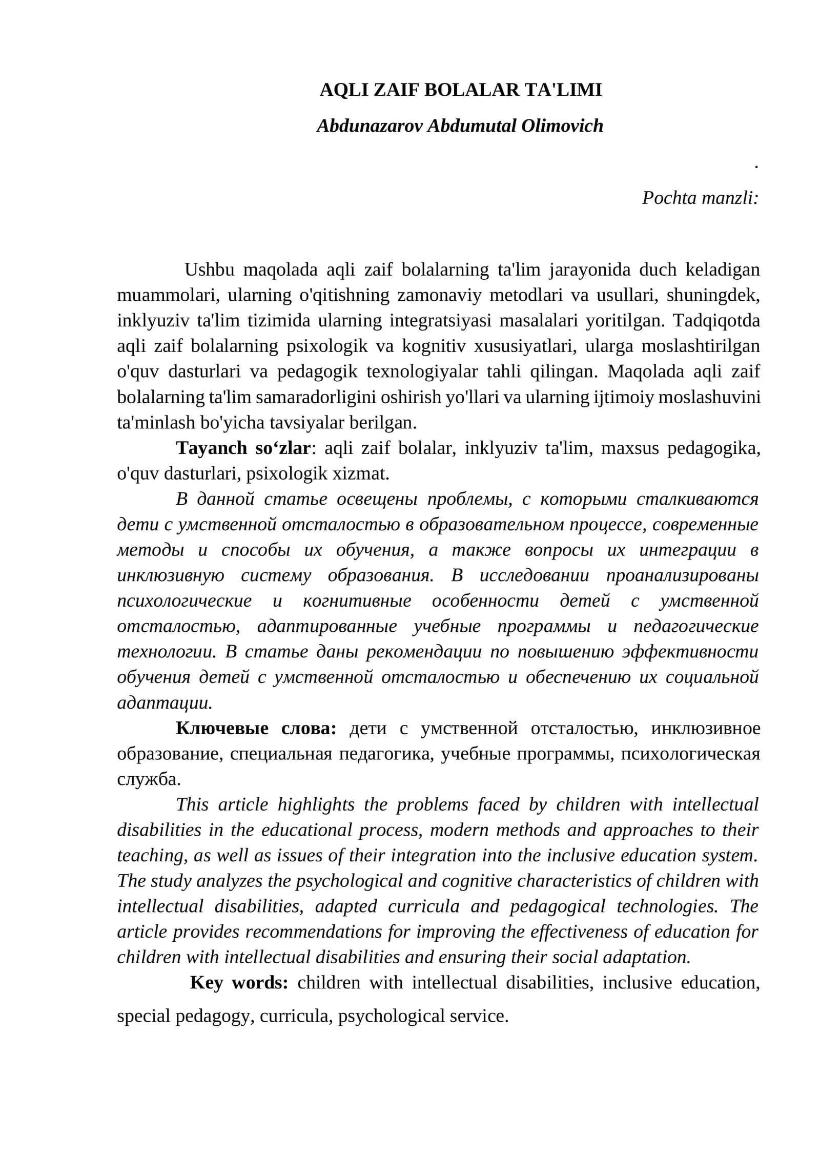 AQLI ZAIF BOLALAR TA'LIMI