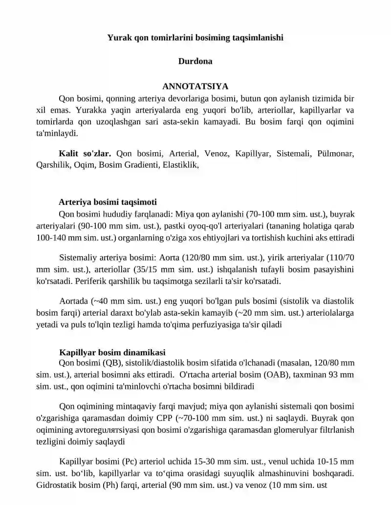 Yurak qon tomirlarini bosiming taqsimlanishi