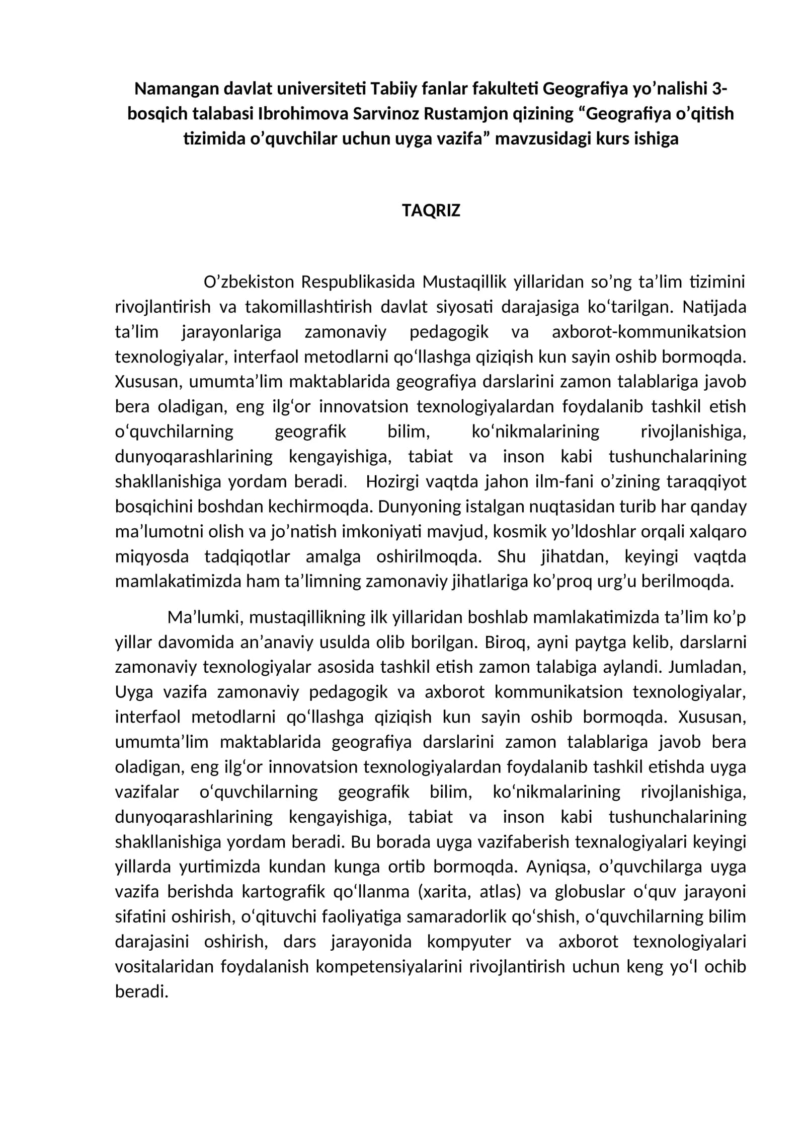 Geografiya o’qitish tizimida o’quvchilar uchun uyga vazifa