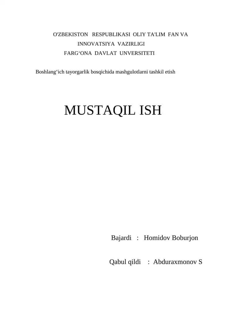 Boshlangʻich tayorgarlik bosqichida mashgulotlarni tashkil etish