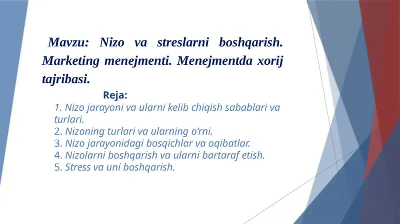 Nizo va stresslarni boshqarish