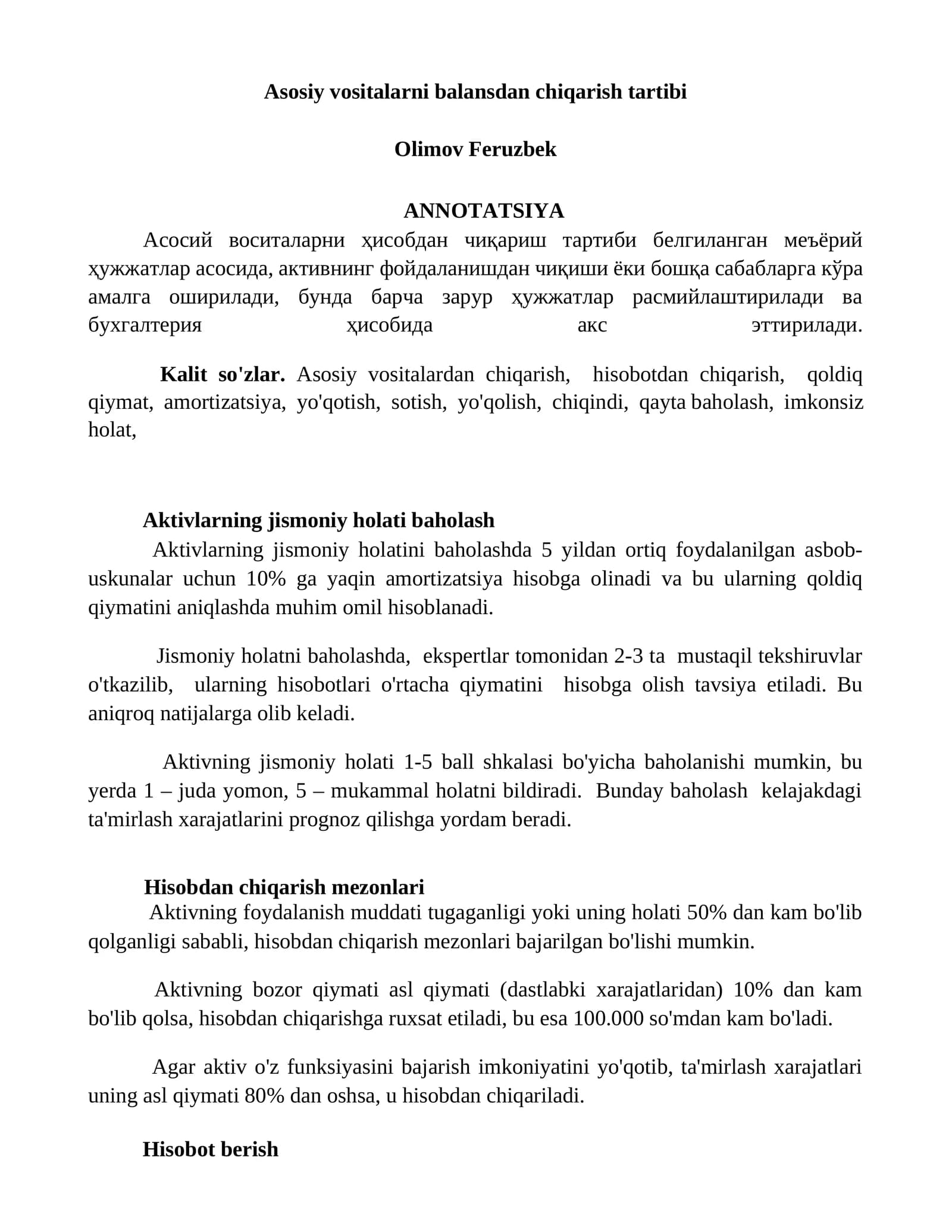Asosiy vositalarni balansdan chiqarish tartibi