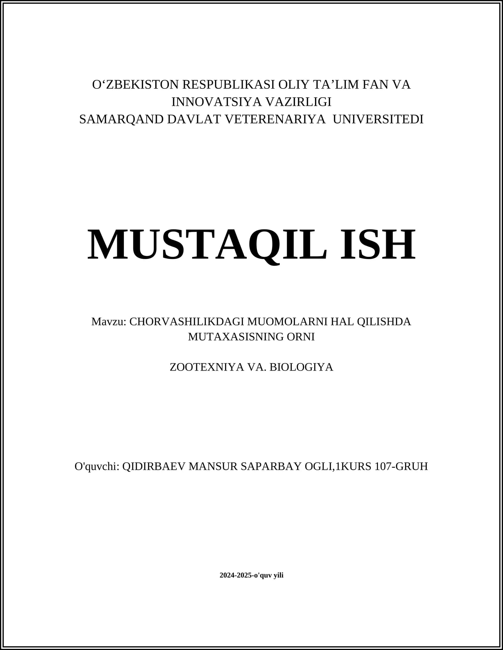 CHORVASHILIKDAGI MUOMOLARNI HAL QILISHDA MUTAXASISNING ORNI