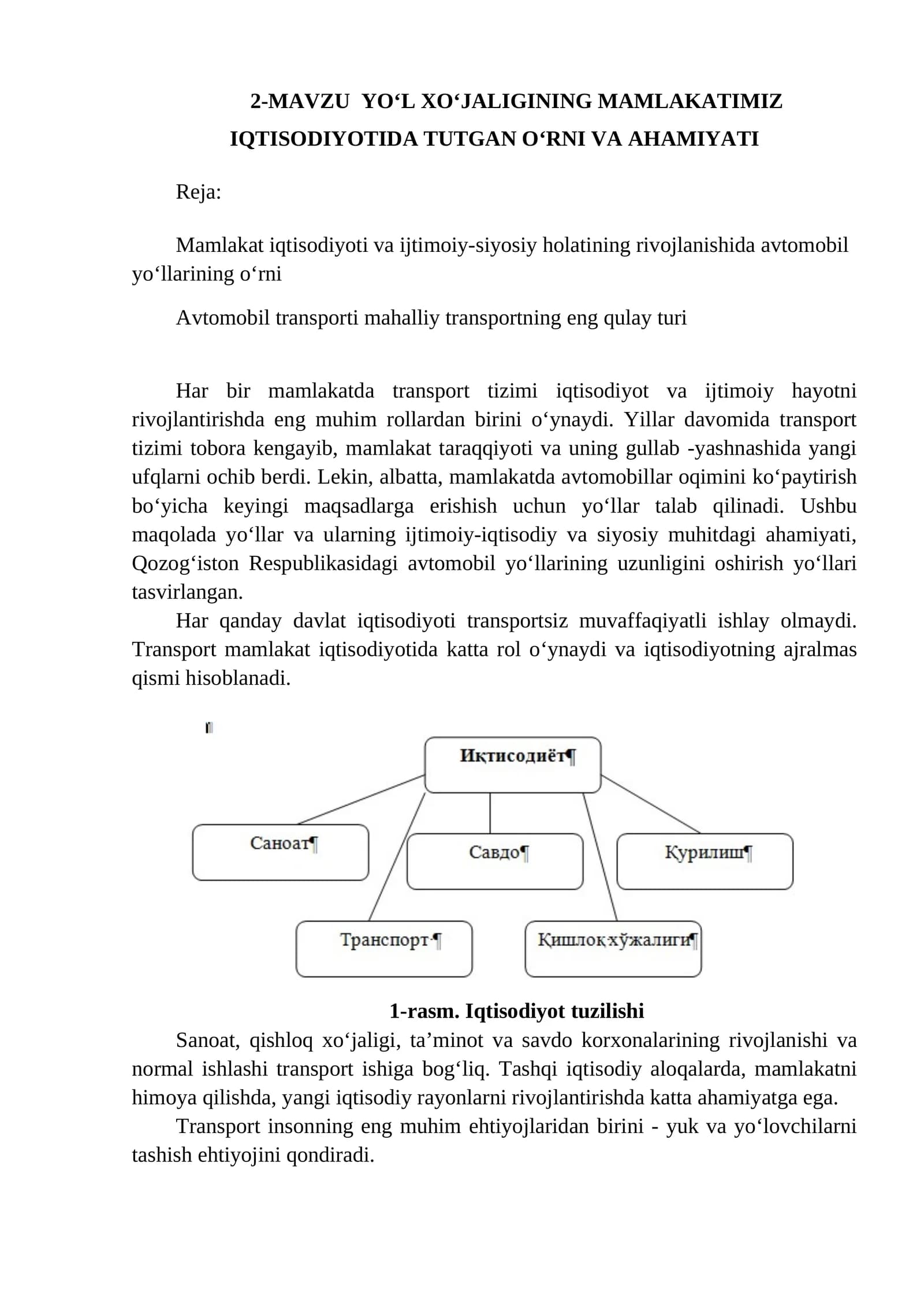 MAVZU YO‘L XO‘JALIGINING MAMLAKATIMIZ IQTISODIYOTIDA TUTGAN O‘RNI VA AHAMIYATI