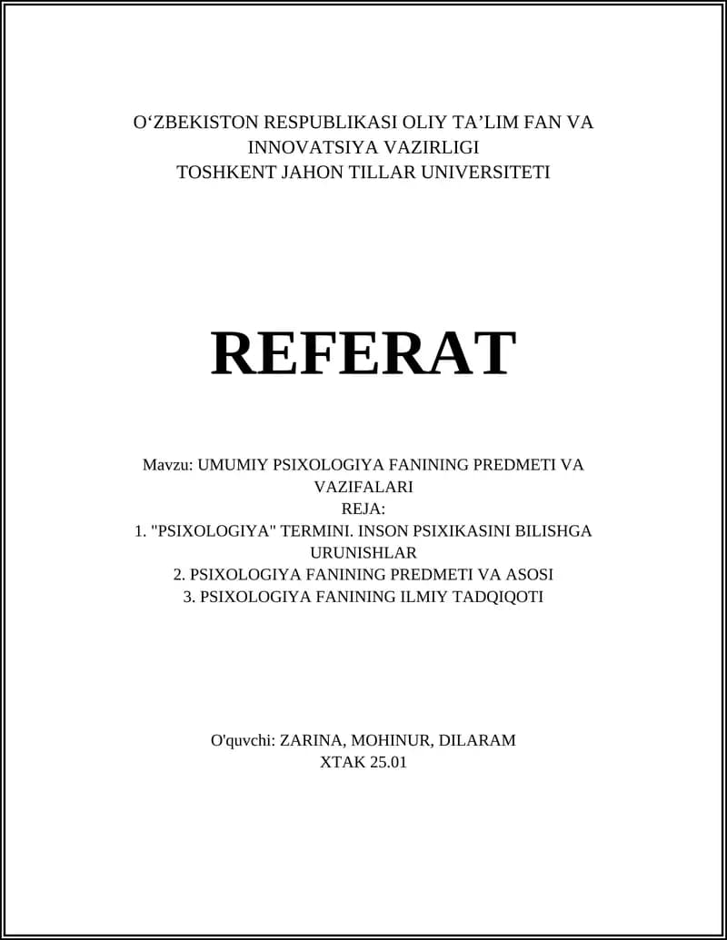 PSIXOLOGIYA FANINING PREDMETI VA VAZIFALARI
