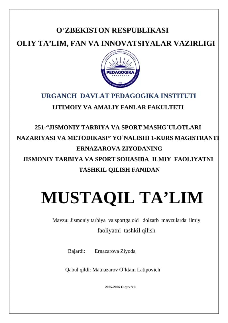 Jismoniy tarbiya va sportga oid dolzarb mavzularda ilmiy faoliyatni tashkil qilish