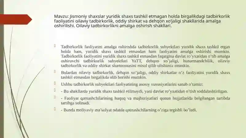Oilaviy tadbirkorlikni amalga oshirish shakllari