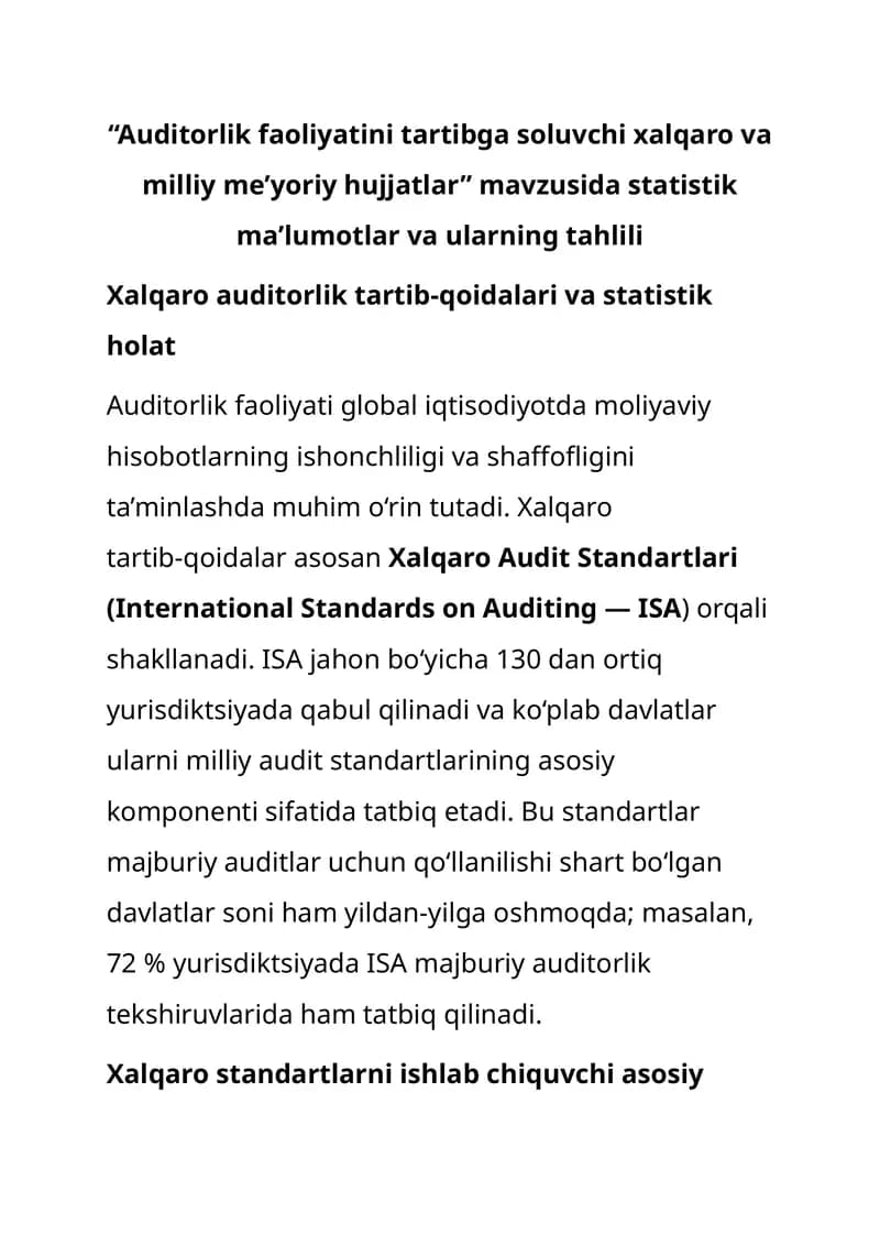 Auditorlik faoliyatini tartibga soluvchi xalqaro va milliy me’yoriy hujjatlar