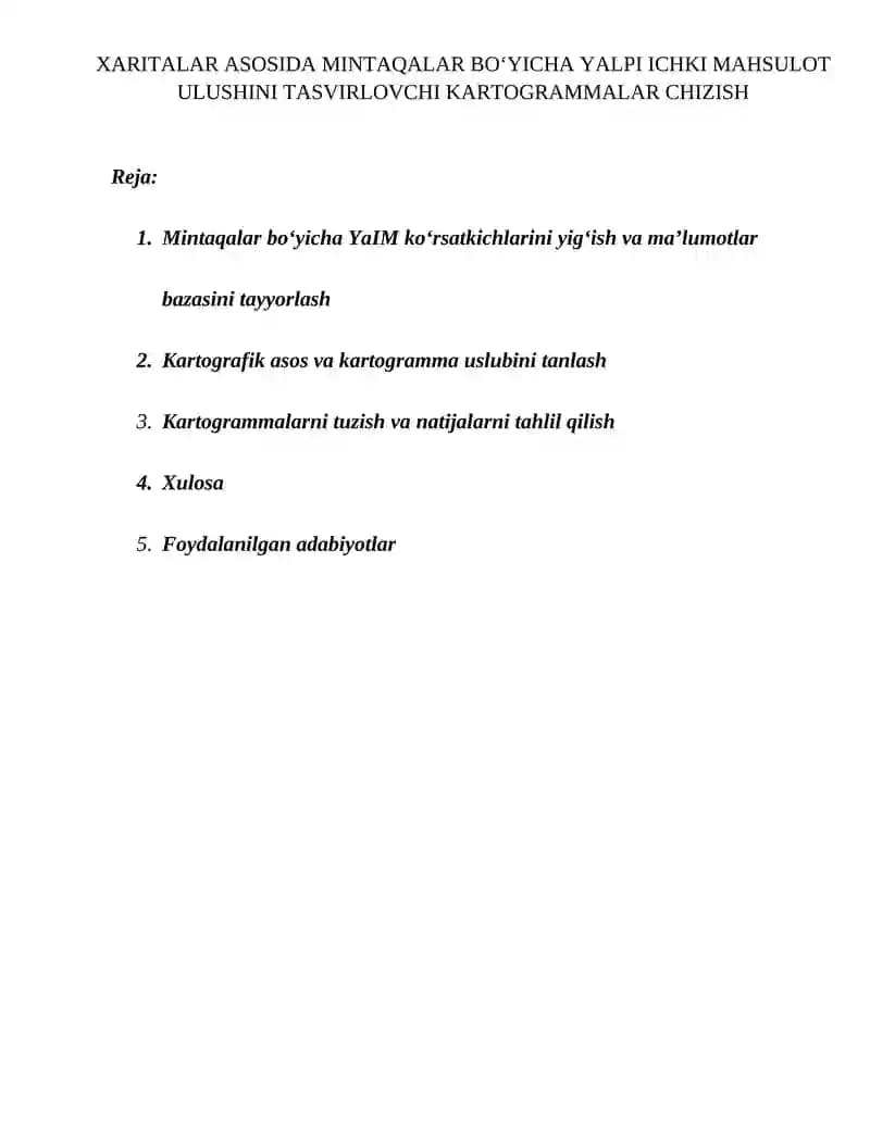 Xaritalar asosida mintaqalar bo‘yicha yalpi ichki mahsulot ulushini tasvirlovchi kartogrammalar chizish