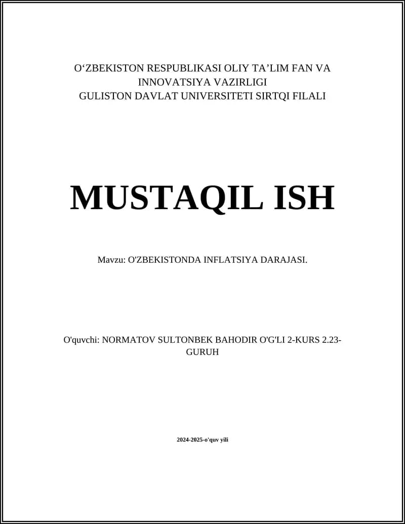 O'ZBEKISTONDA INFLATSIYA DARAJASI