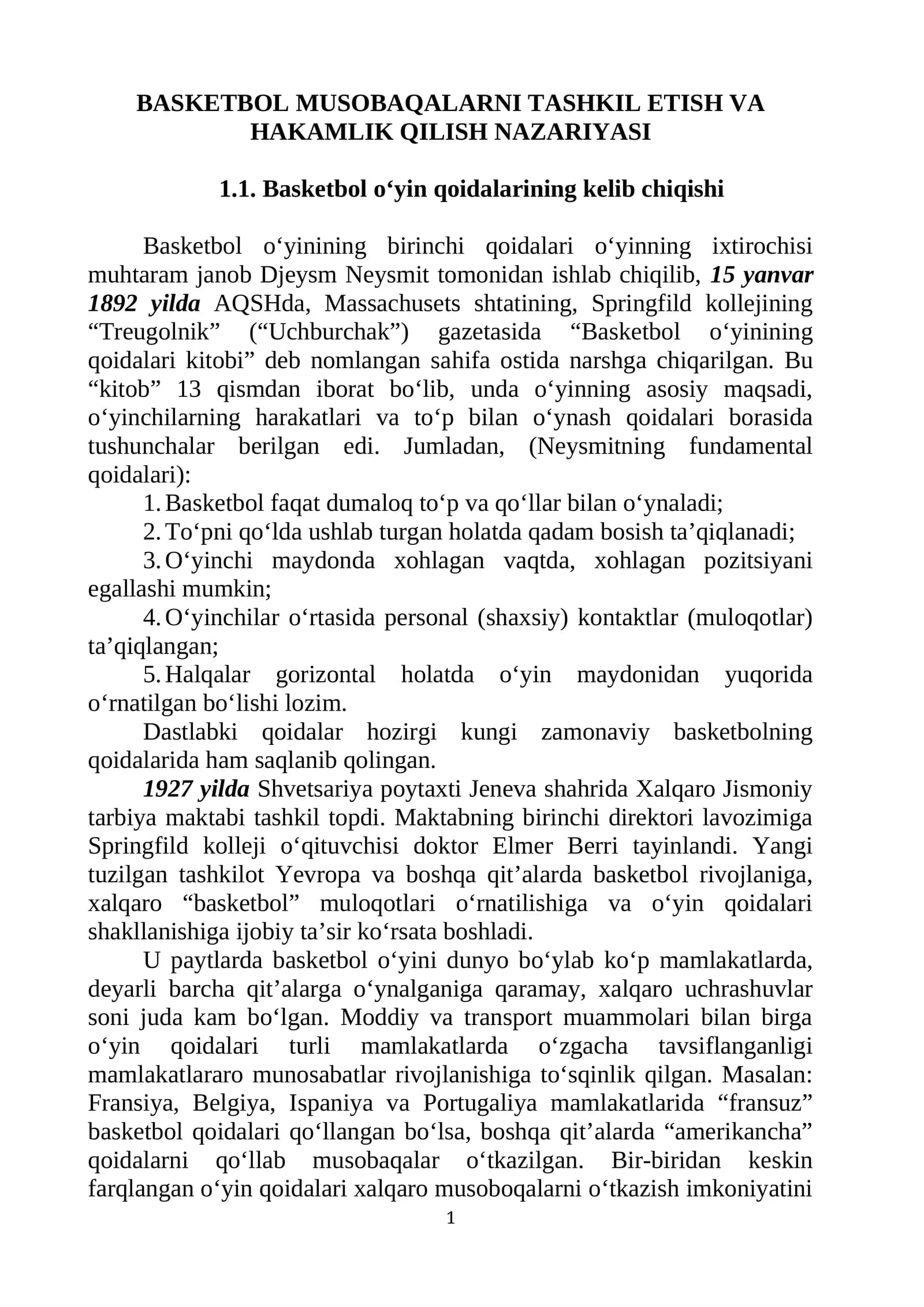 Basketbol Musobaqalarni Tashkil Etish va Hakamlik Qilish Nazariyasi