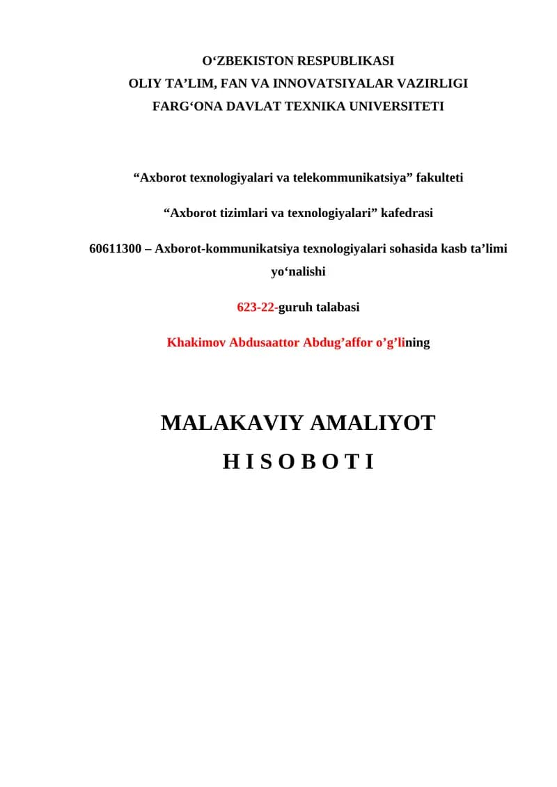 MALAKAVIY AMALIYOT HISOBOTI REJASI