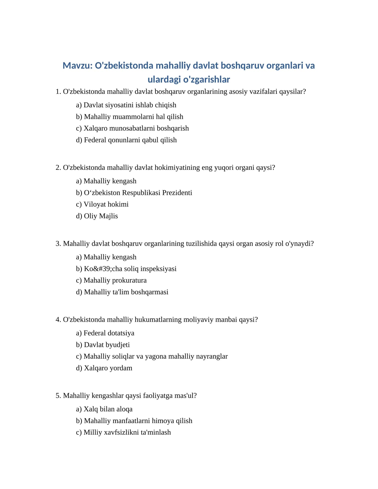 O'zbekistonda mahalliy davlat boshqaruv organlari va ulardagi o'zgarishlar