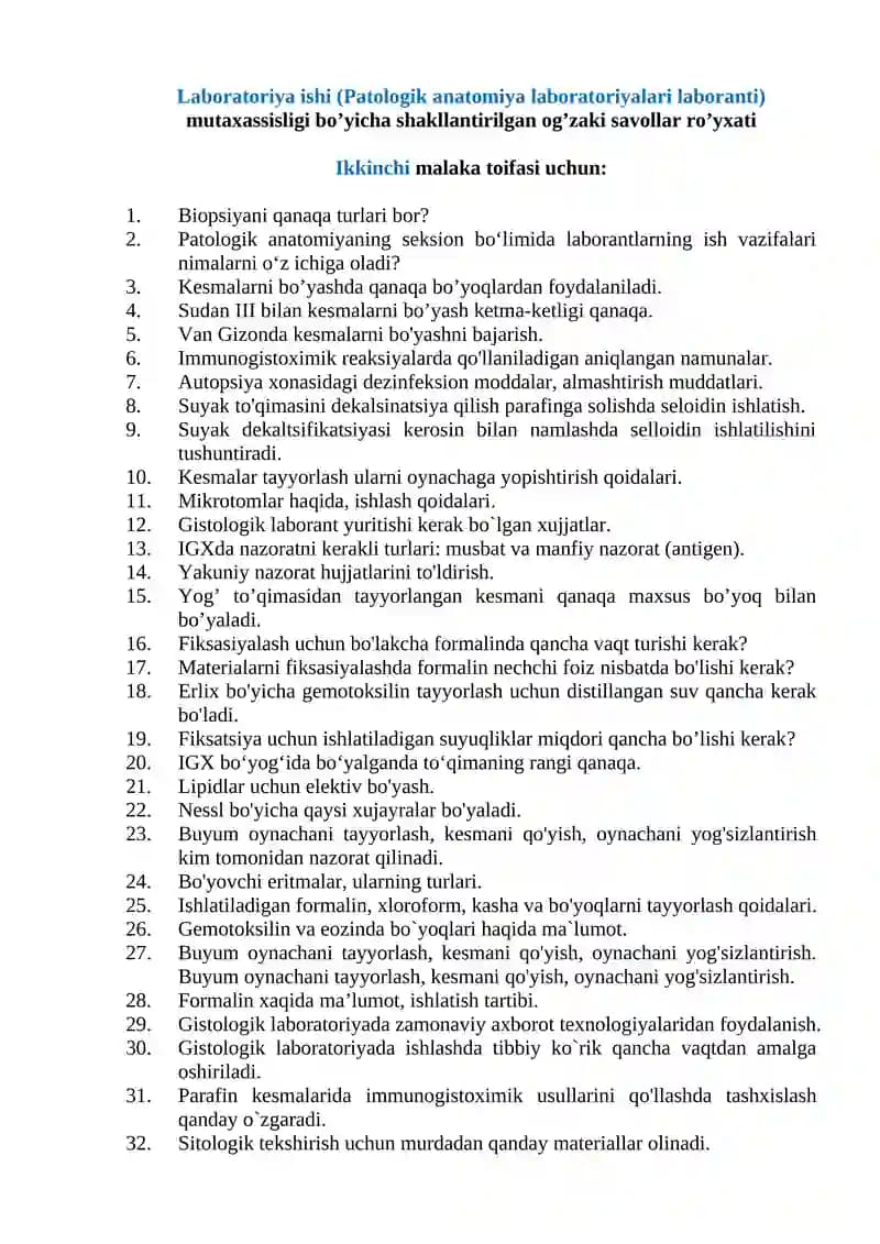 Laboratoriya ishi (Patologik anatomiya laboratoriyalari laboranti)