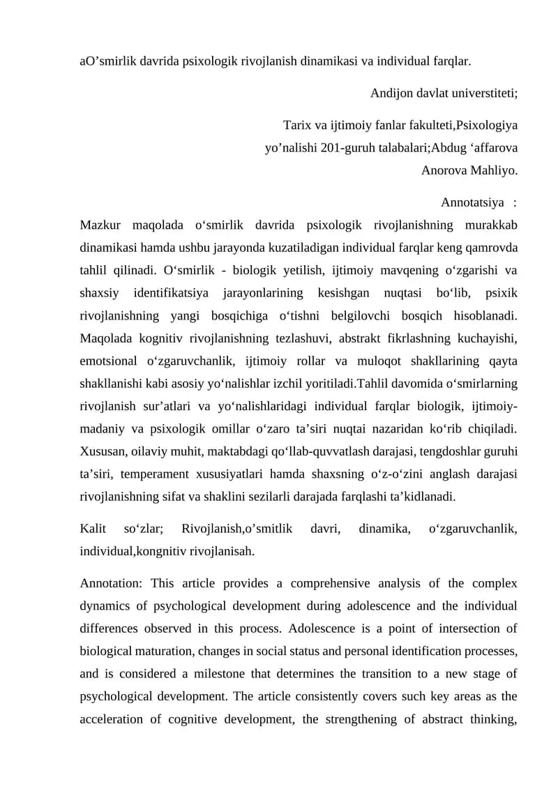 Psixologik rivojlanishning dinamikasi va individual farqlar
