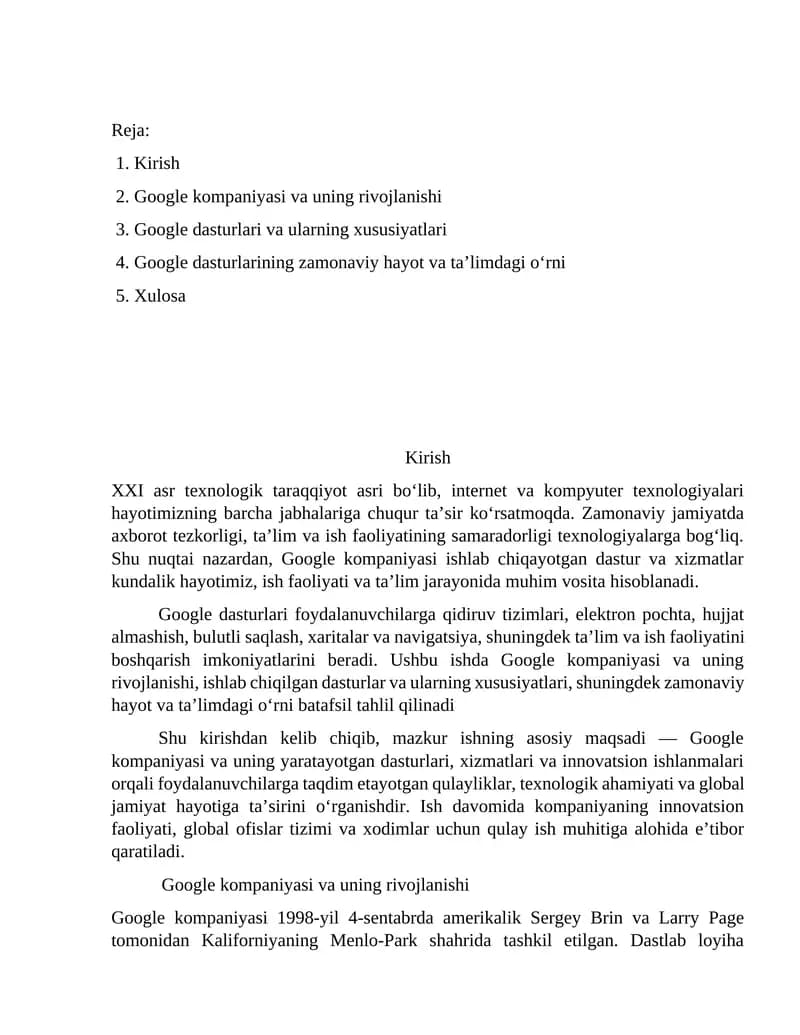 Google dasturlari va ularning xususiyatlari