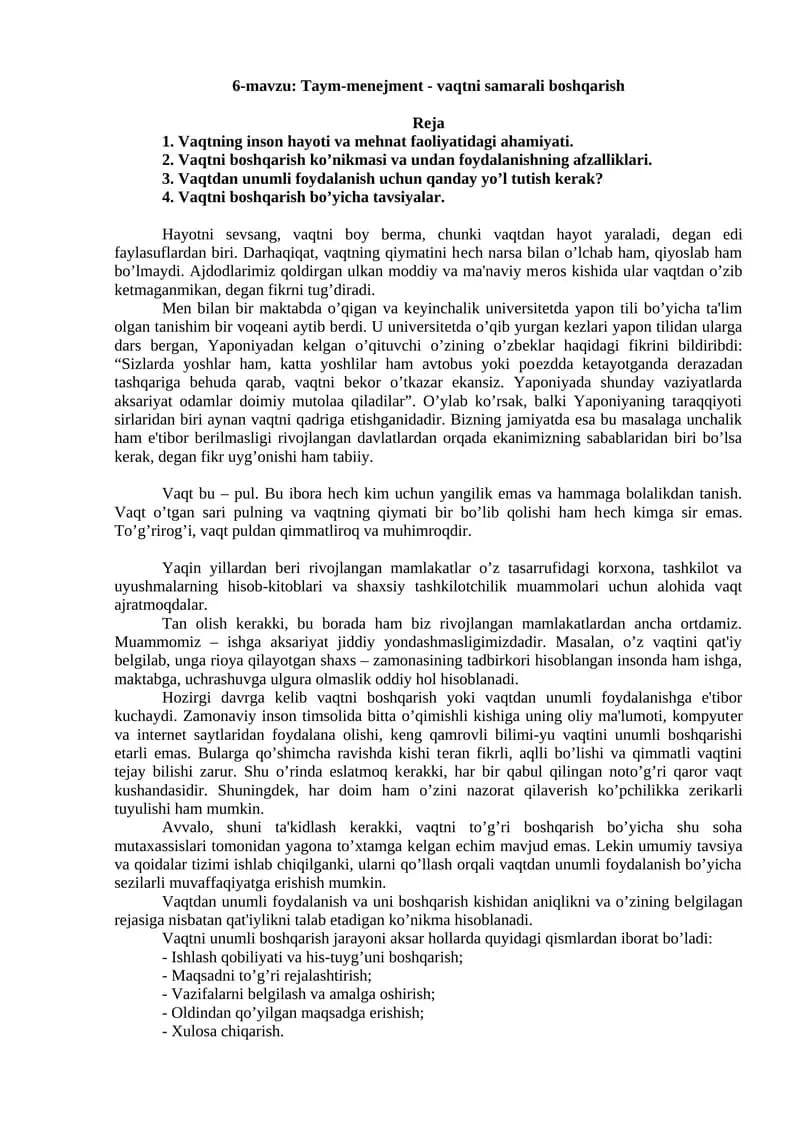Taym-mеnеjmеnt - vaqtni samarali boshqarish