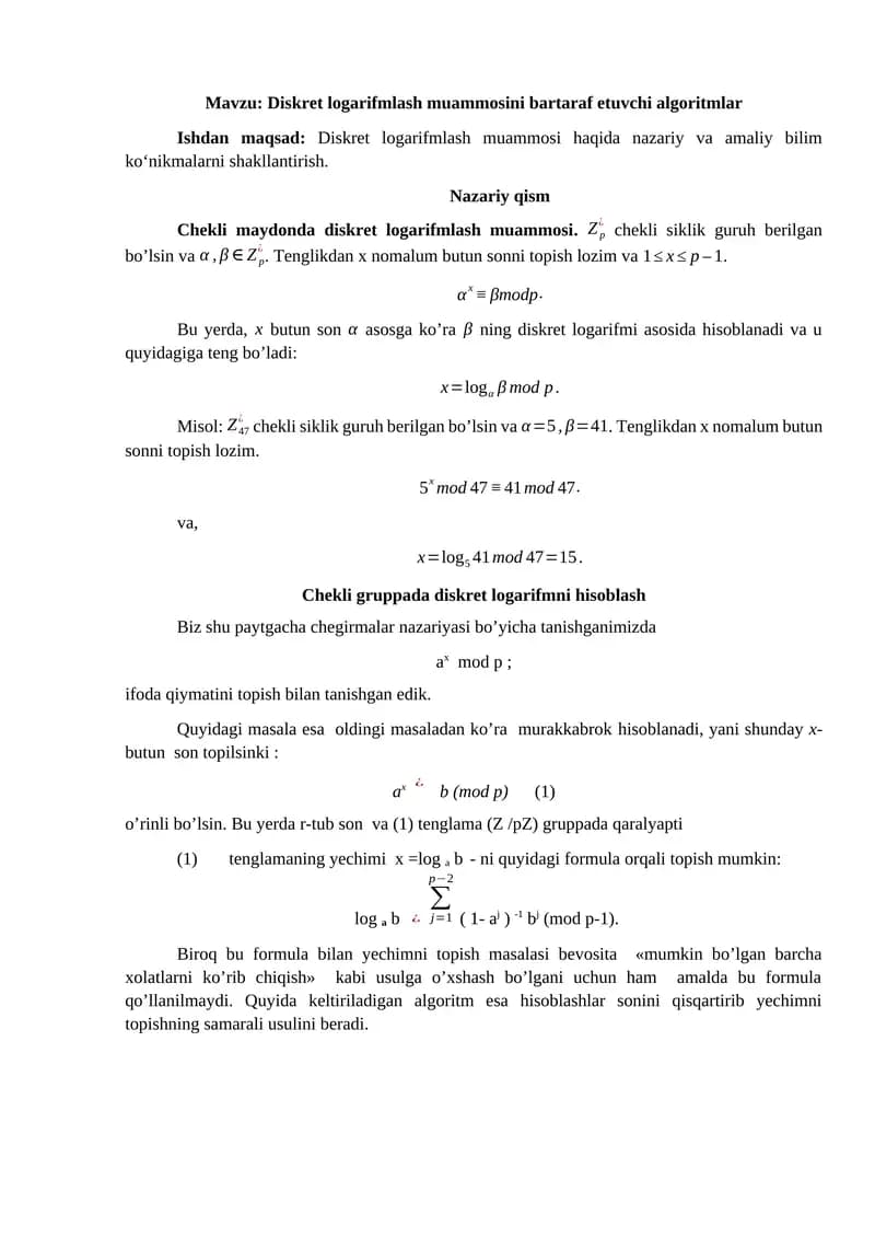 Diskret logarifmlash muammosini bartaraf etuvchi algoritmlar