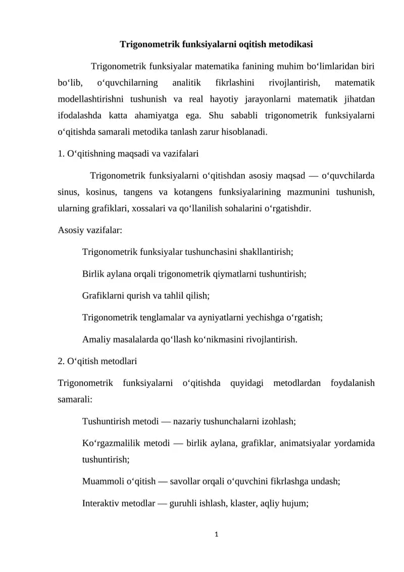Trigonometrik funksiyalarni oqitish metodikasi