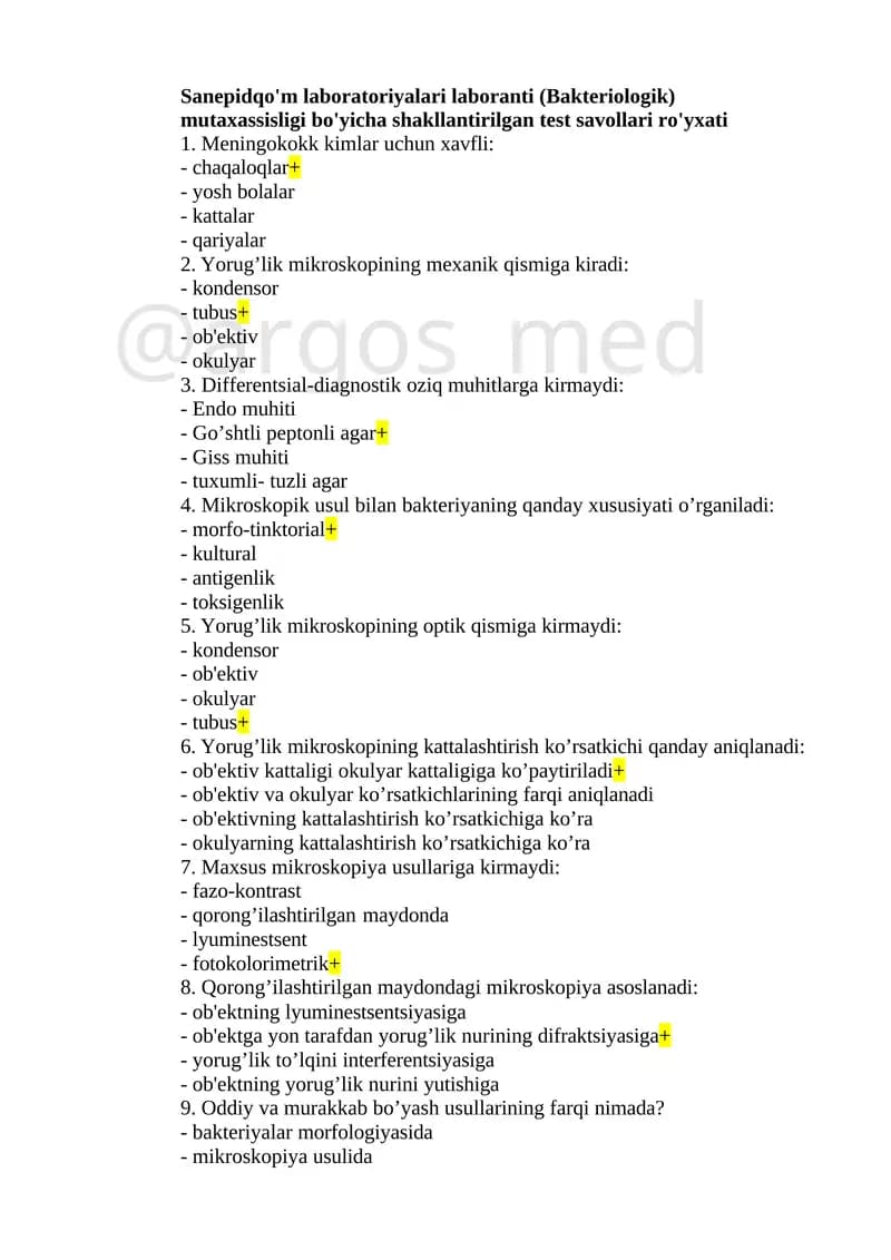 Sanepidqo'm laboratoriyalari laboranti (Bakteriologik) mutaxassisligi bo'yicha shakllantirilgan test savollari ro'yxati