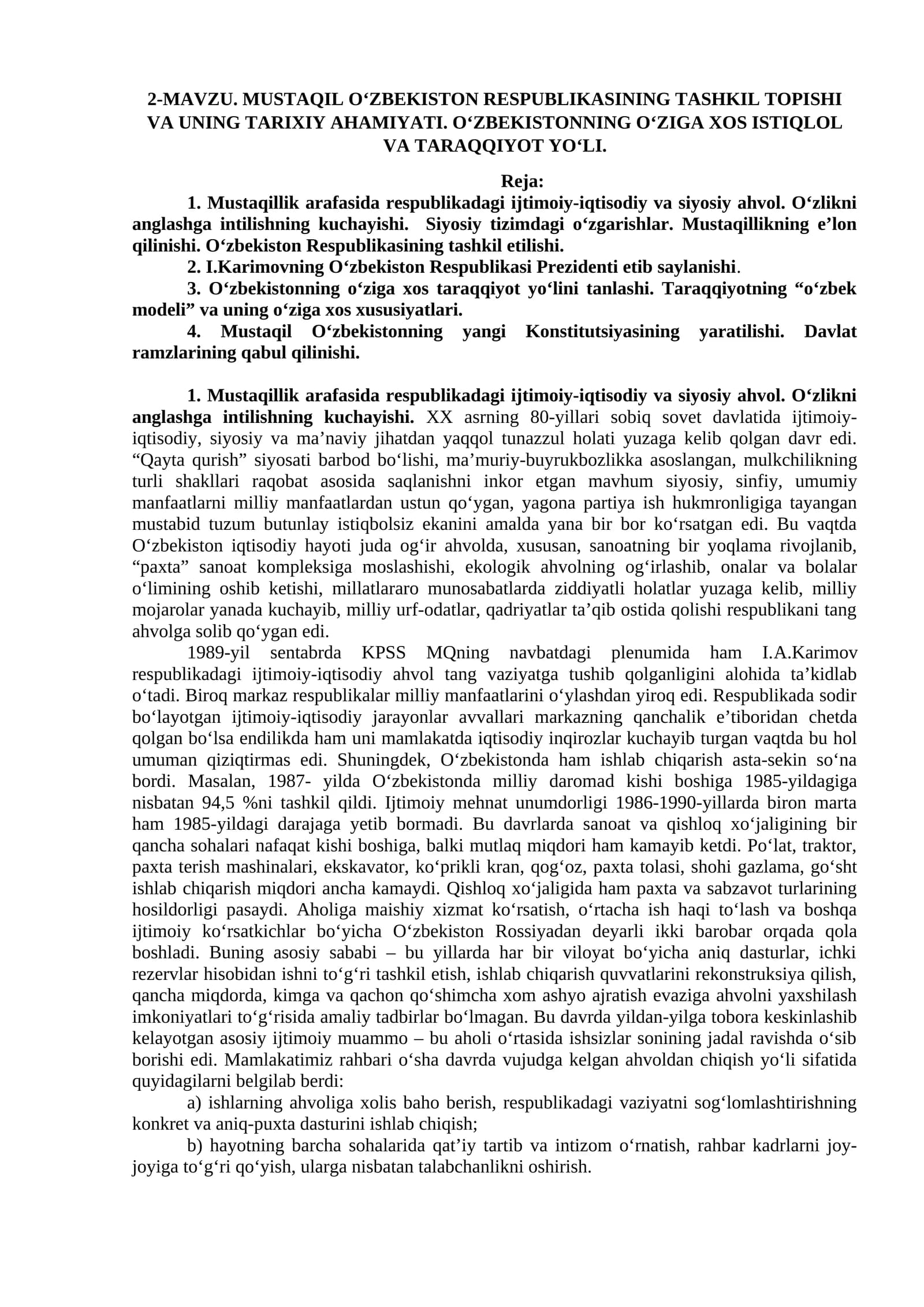 MAVZU. MUSTAQIL O‘ZBEKISTON RESPUBLIKASINING TASHKIL TOPISHI VA UNING TARIXIY AHAMIYATI
