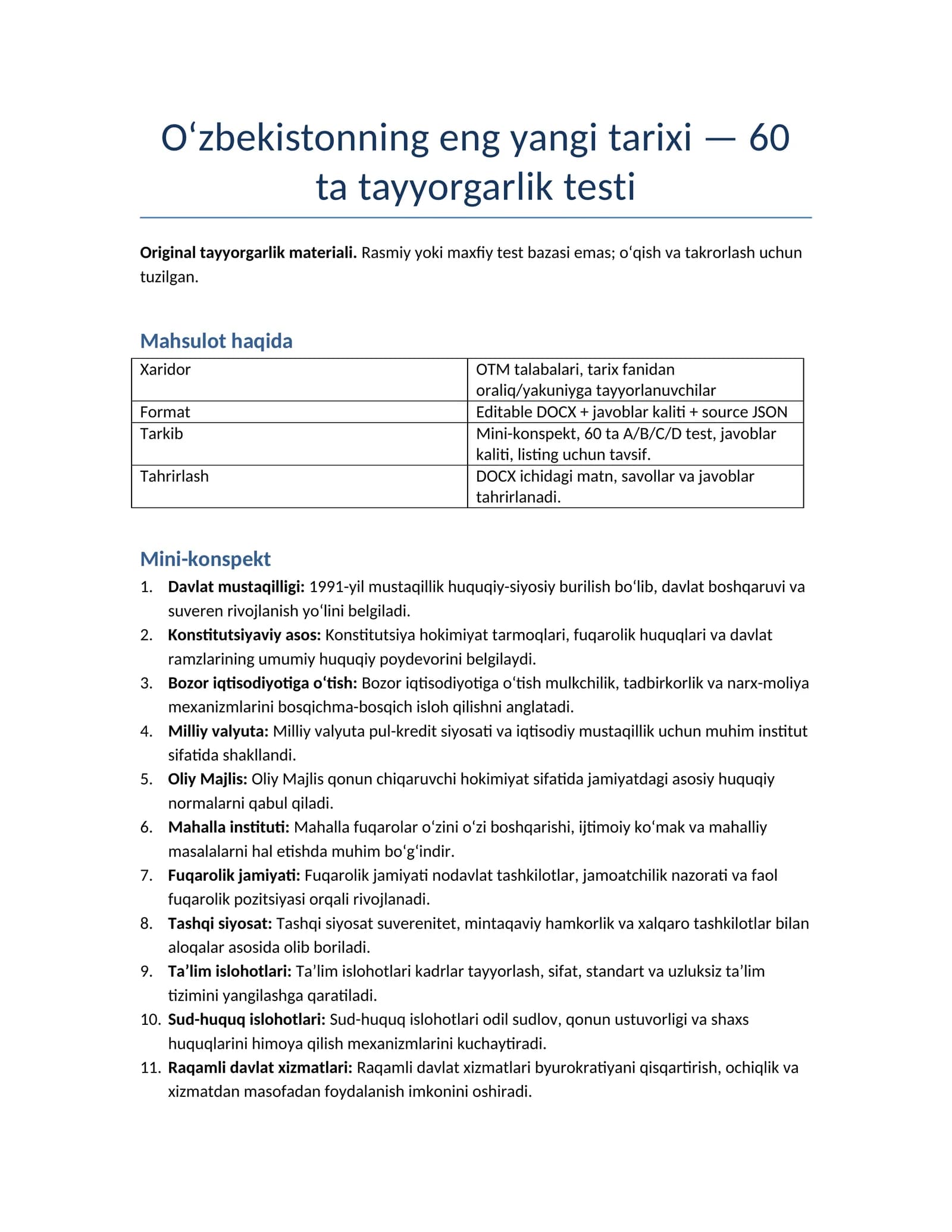 O‘zbekistonning eng yangi tarixi — 60 ta tayyorgarlik testi
