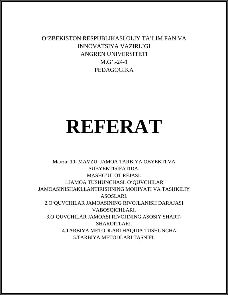 JAMOA TARBIYA OBYEKTI VA SUBYEKTISIFATIDA